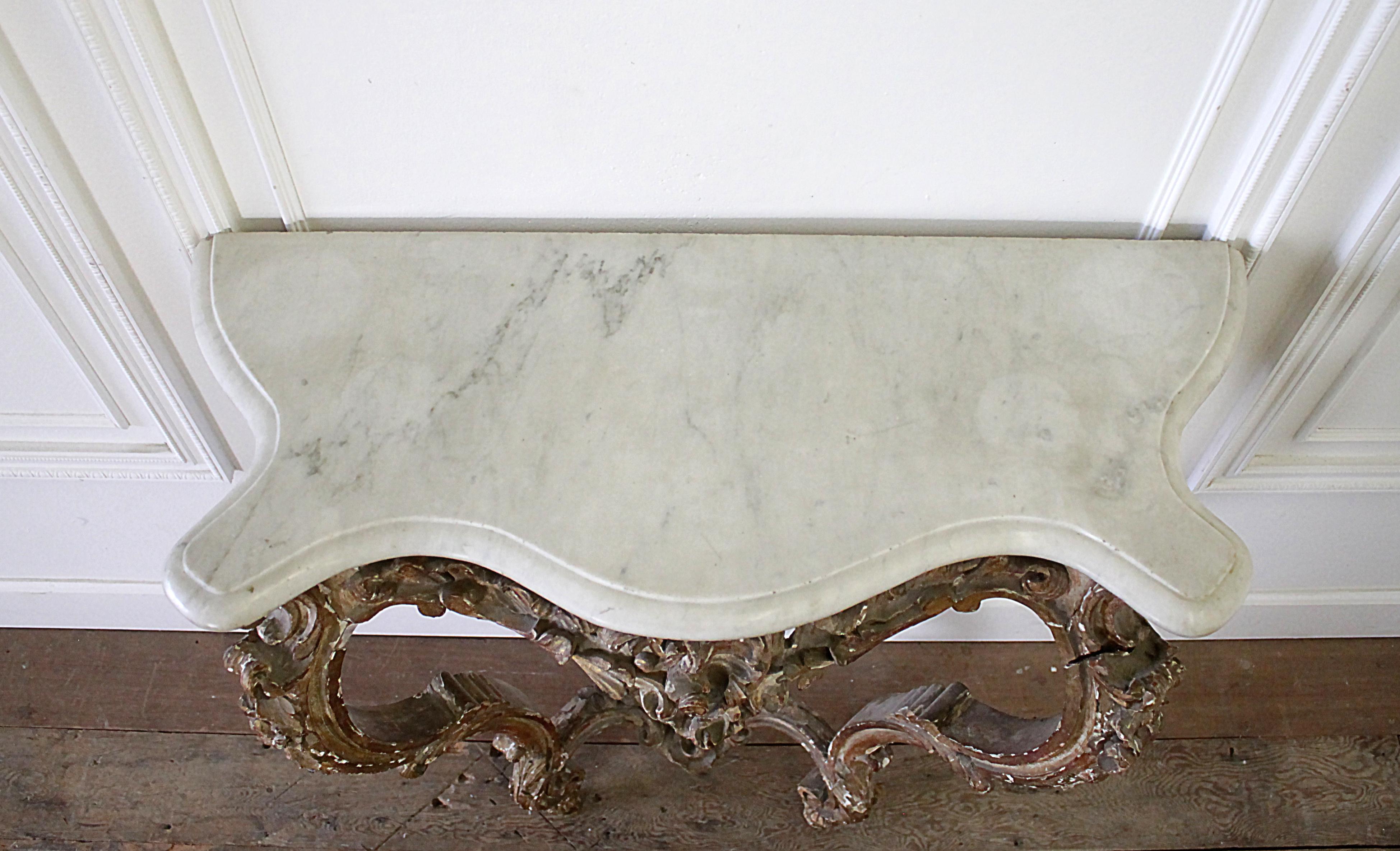 Carrara Marble 19th Century Giltwood Louis XV Style Console with Marble Top