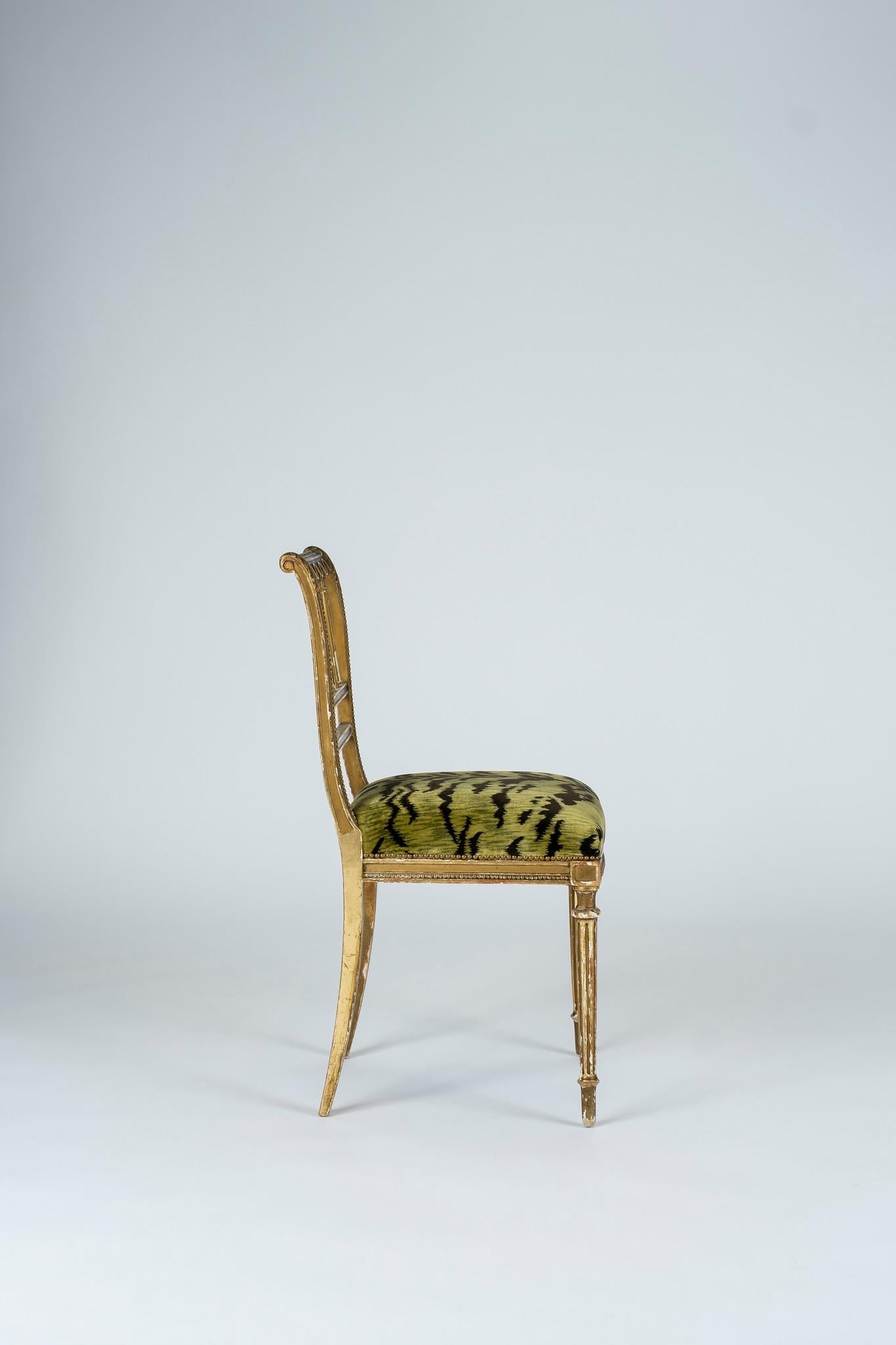 Wood 19th Century Giltwood Louis XVI Style Green Tigre Velvet Music Chairs