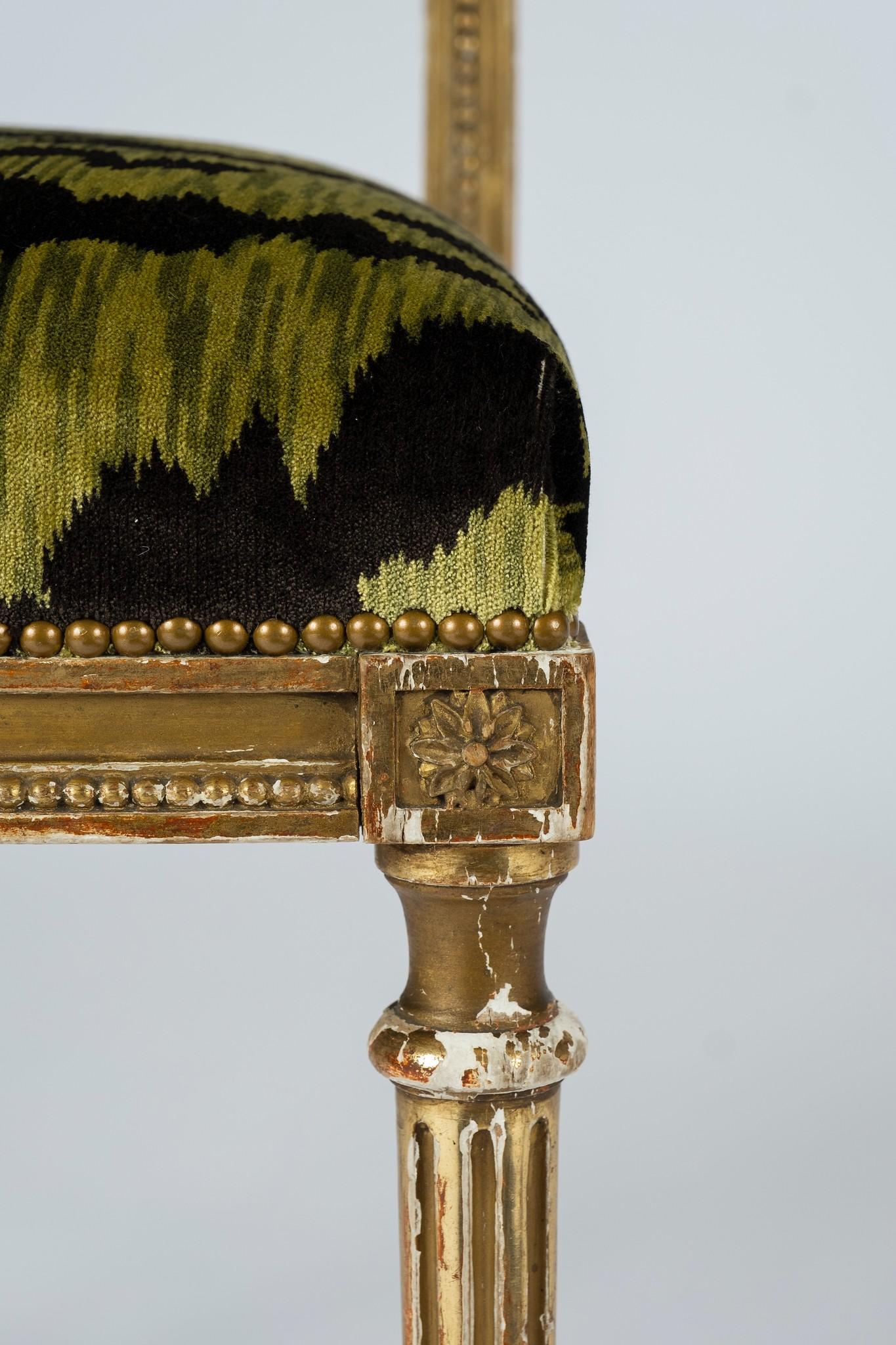 19th Century Giltwood Louis XVI Style Green Tigre Velvet Music Chairs 1