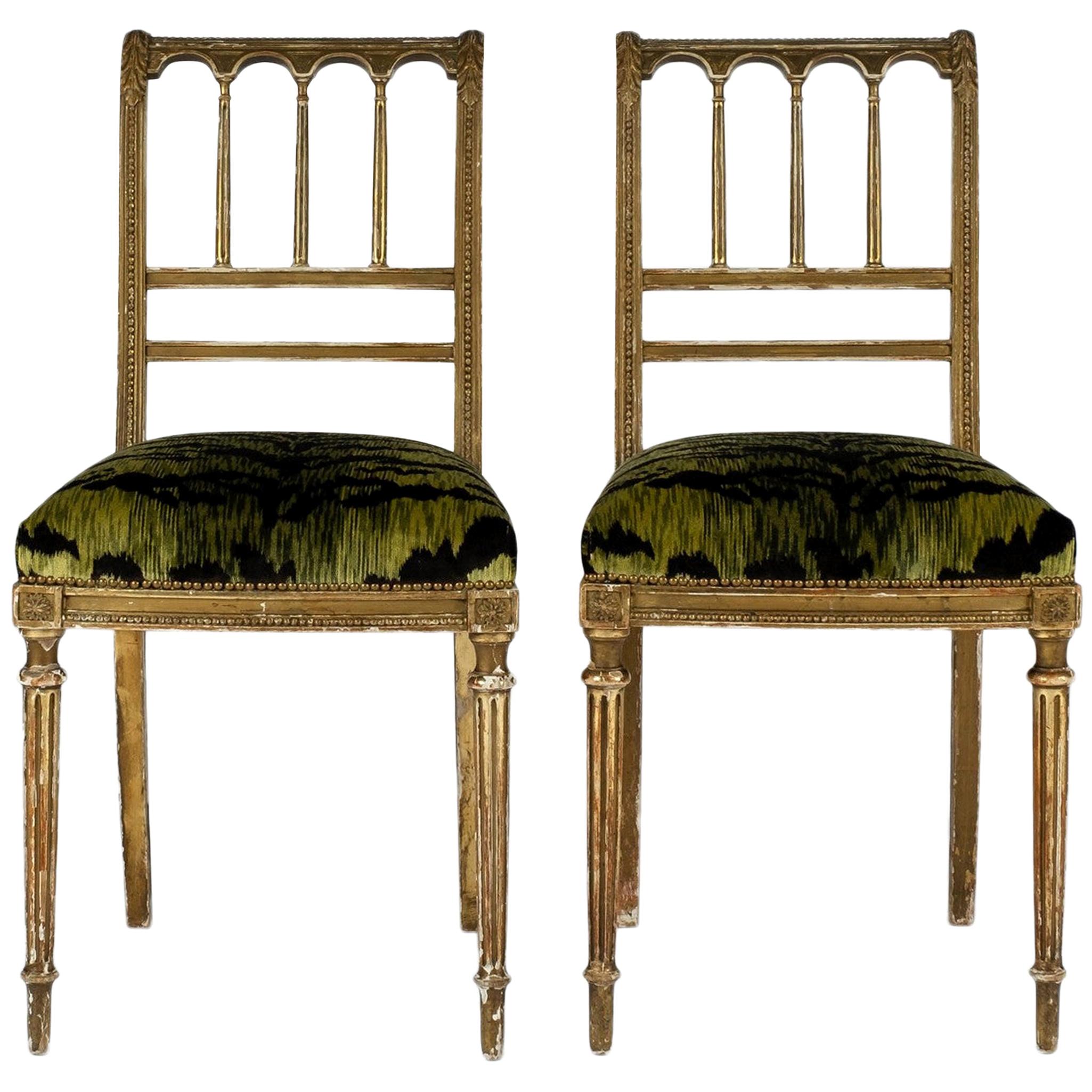 19th Century Giltwood Louis XVI Style Green Tigre Velvet Music Chairs