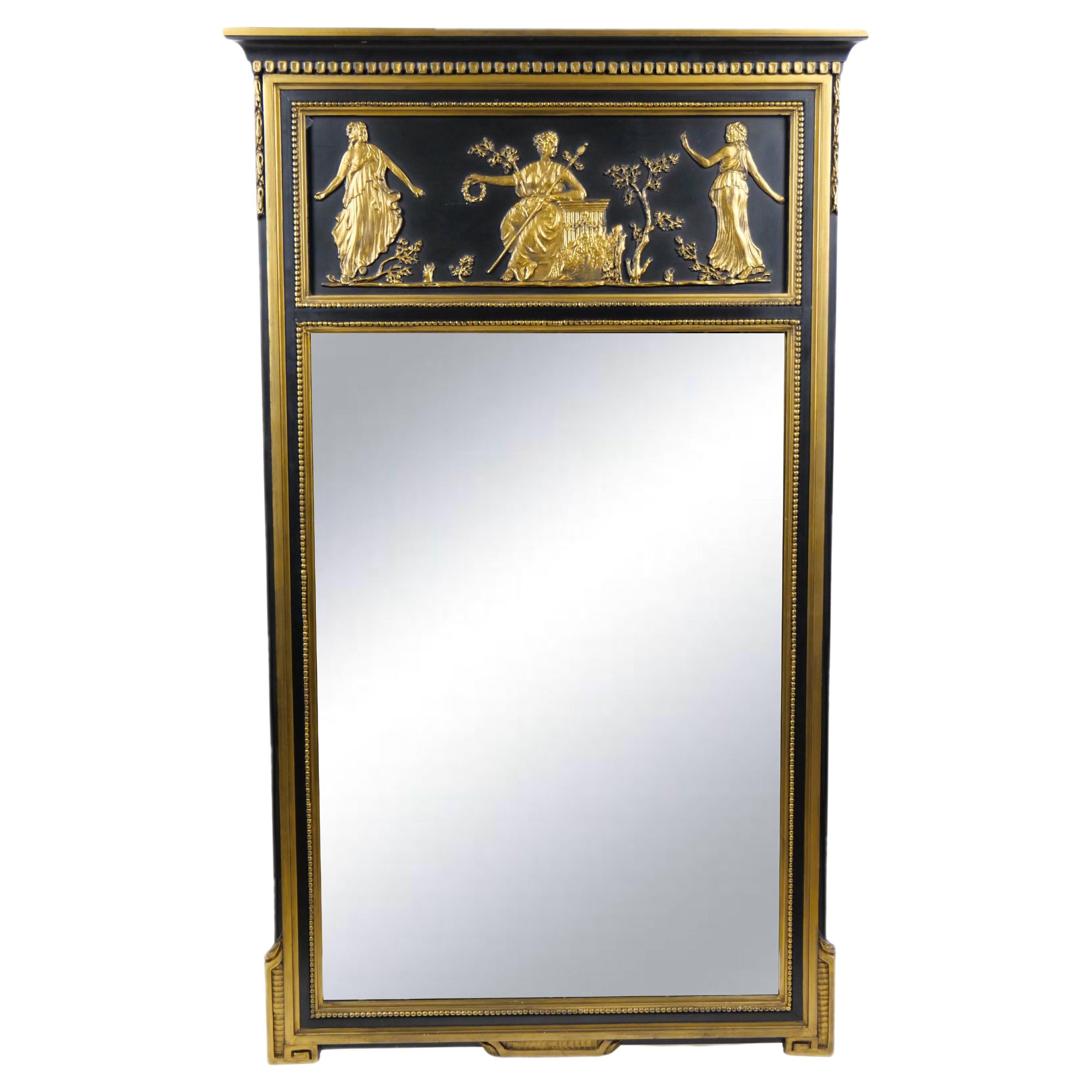 Bois doré du 19e siècle  Miroir mural Trumeau peint / décoré au sommet