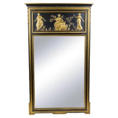 Legno d'orato del XIX secolo  Specchio da parete Top Trumeau dipinto / decorato