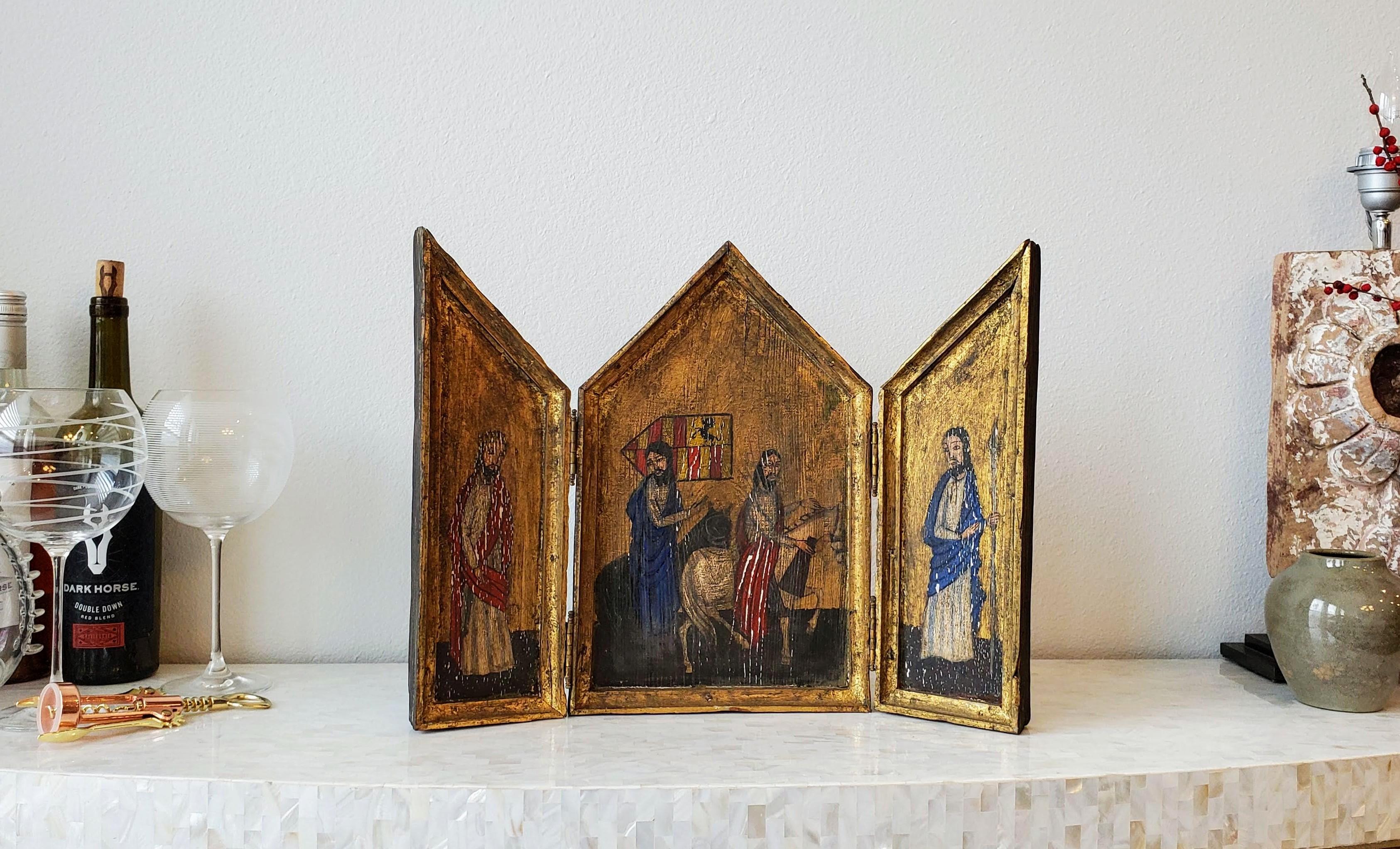 Giltwood 19th Century Religious Hand-Painted Altar Triptych Icon Ecclesiastical Art For Sale