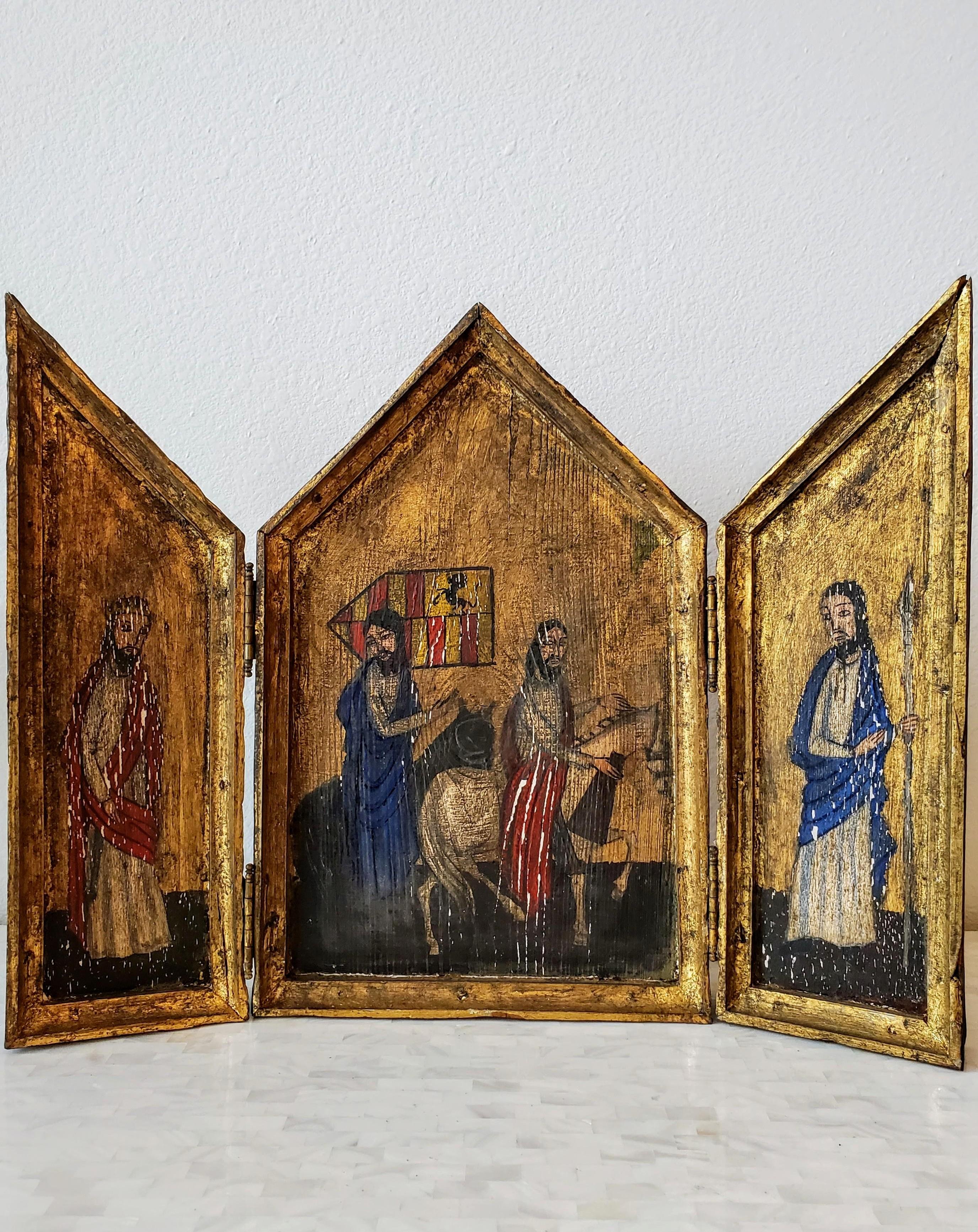 19th Century Religious Hand-Painted Altar Triptych Icon Ecclesiastical Art 7