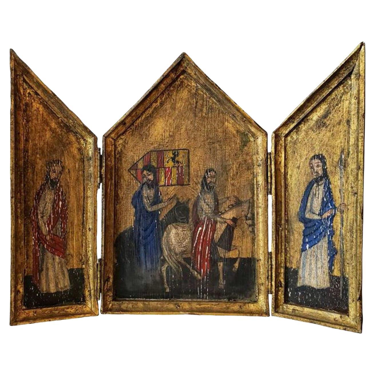 Triptyque d'autel religieux peint à la main du 19e siècle Icône Art ecclésiastique en vente