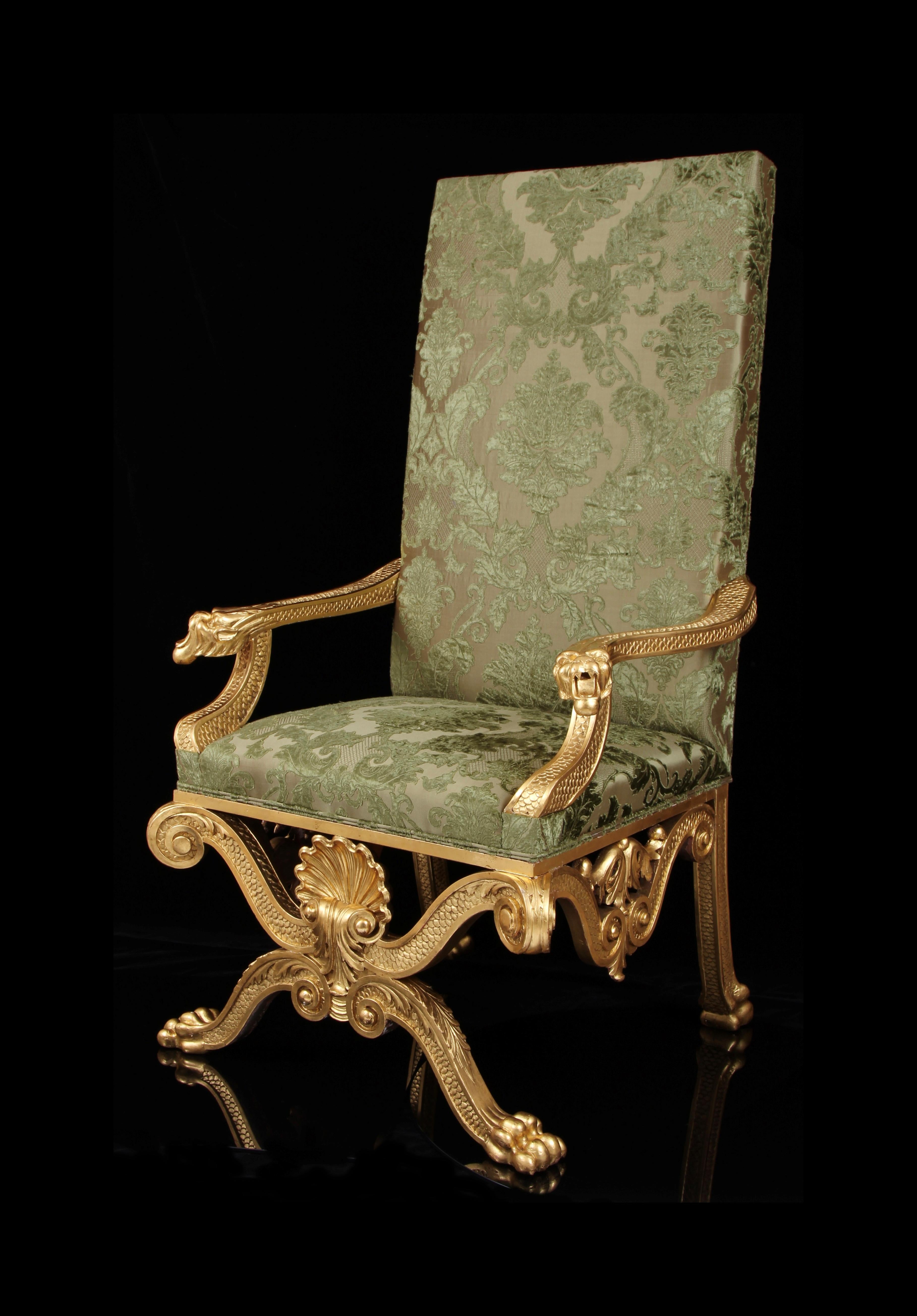A stunning 19th Century armchair, exquisitely made. 

Provenance: Boughrood Castle, Wales

Designed by one of the most important 18th Century architects.

Upholstered in the finest embroidered silk velvet.

Important & Rare 19th Century Giltwood