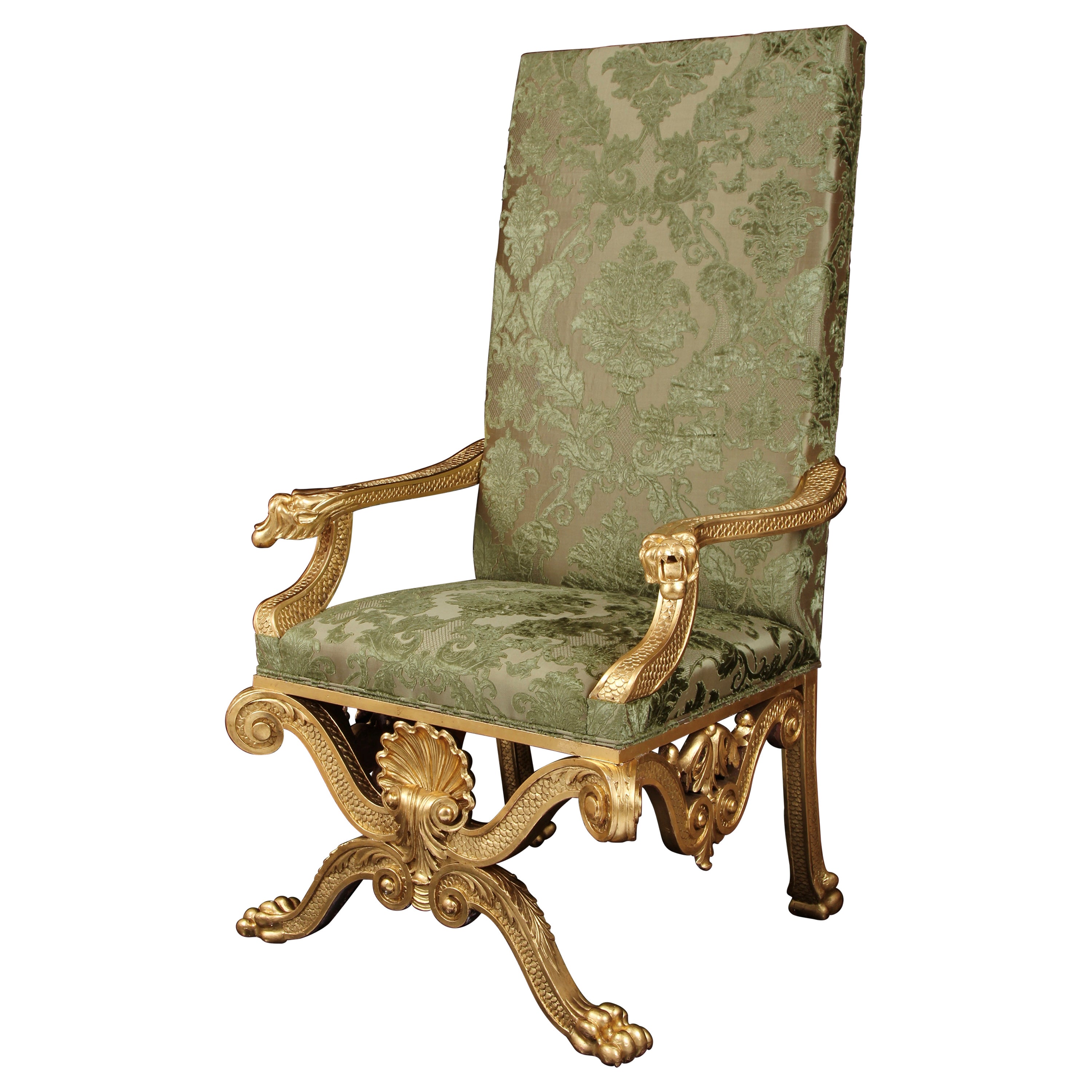 Poltrona a trono in legno dorato del XIX secolo, disegno attribuito a William Kent