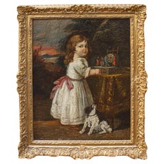 19th Century Girl with Dog and Music Box with Cineserie Oil on Canvas Painting