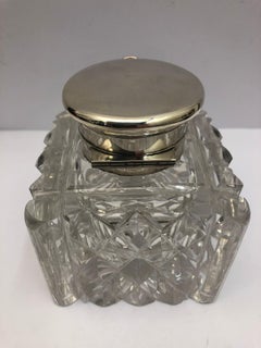 19th Century Glass and Silver Inkwell with a Clock in the Silver Lid