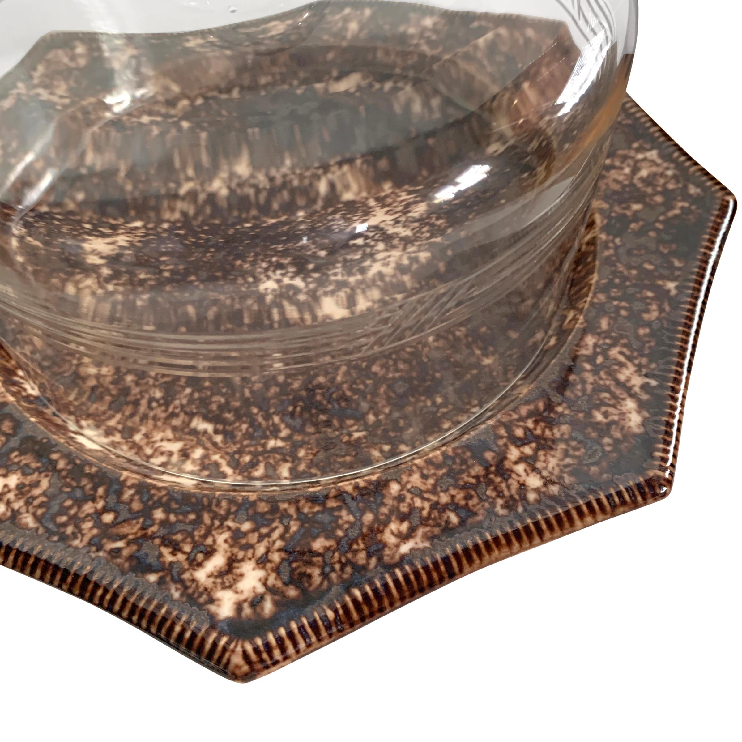 19th Century Glass Cheese Dome and Spongeware Plate In Good Condition In Chicago, IL