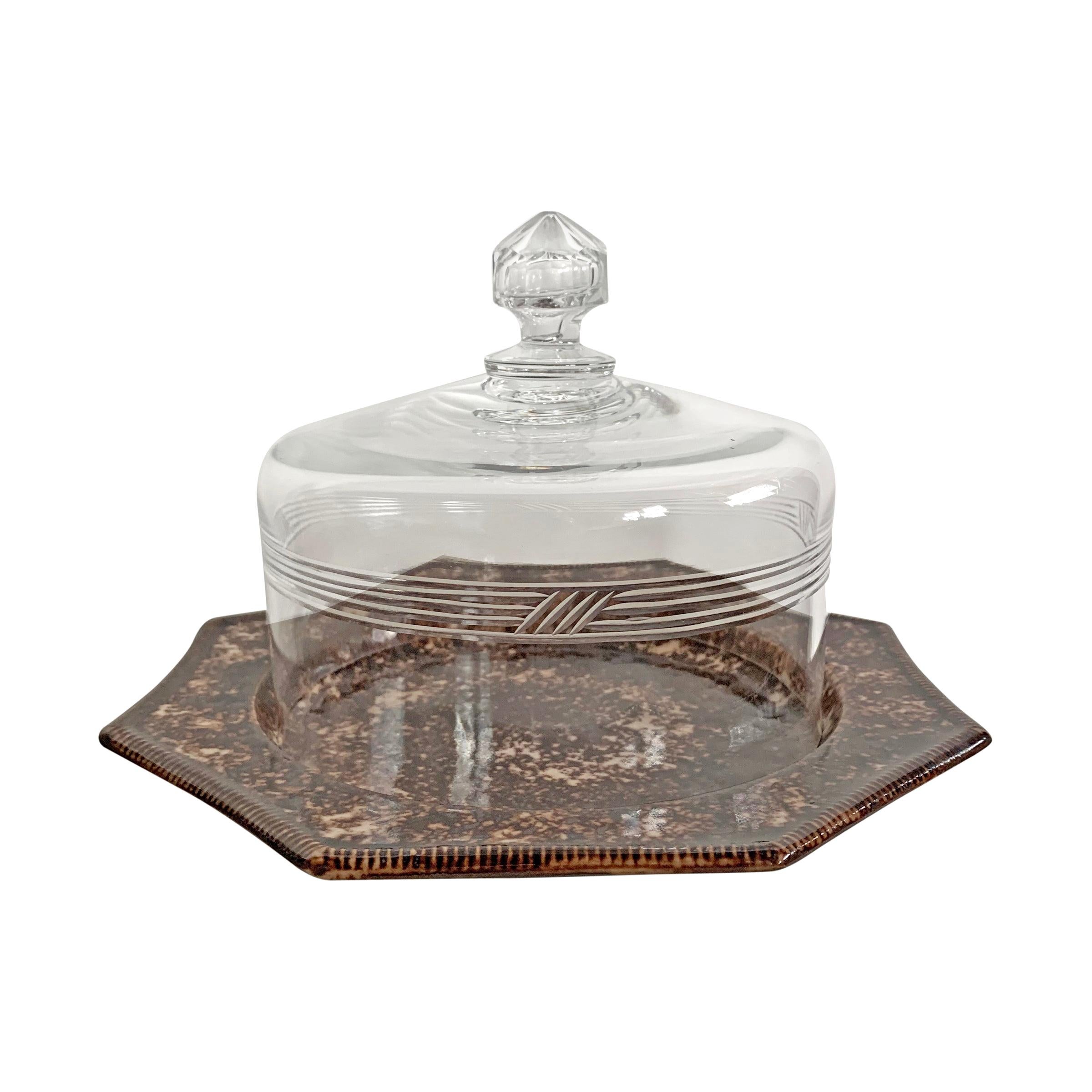 19th Century Glass Cheese Dome and Spongeware Plate