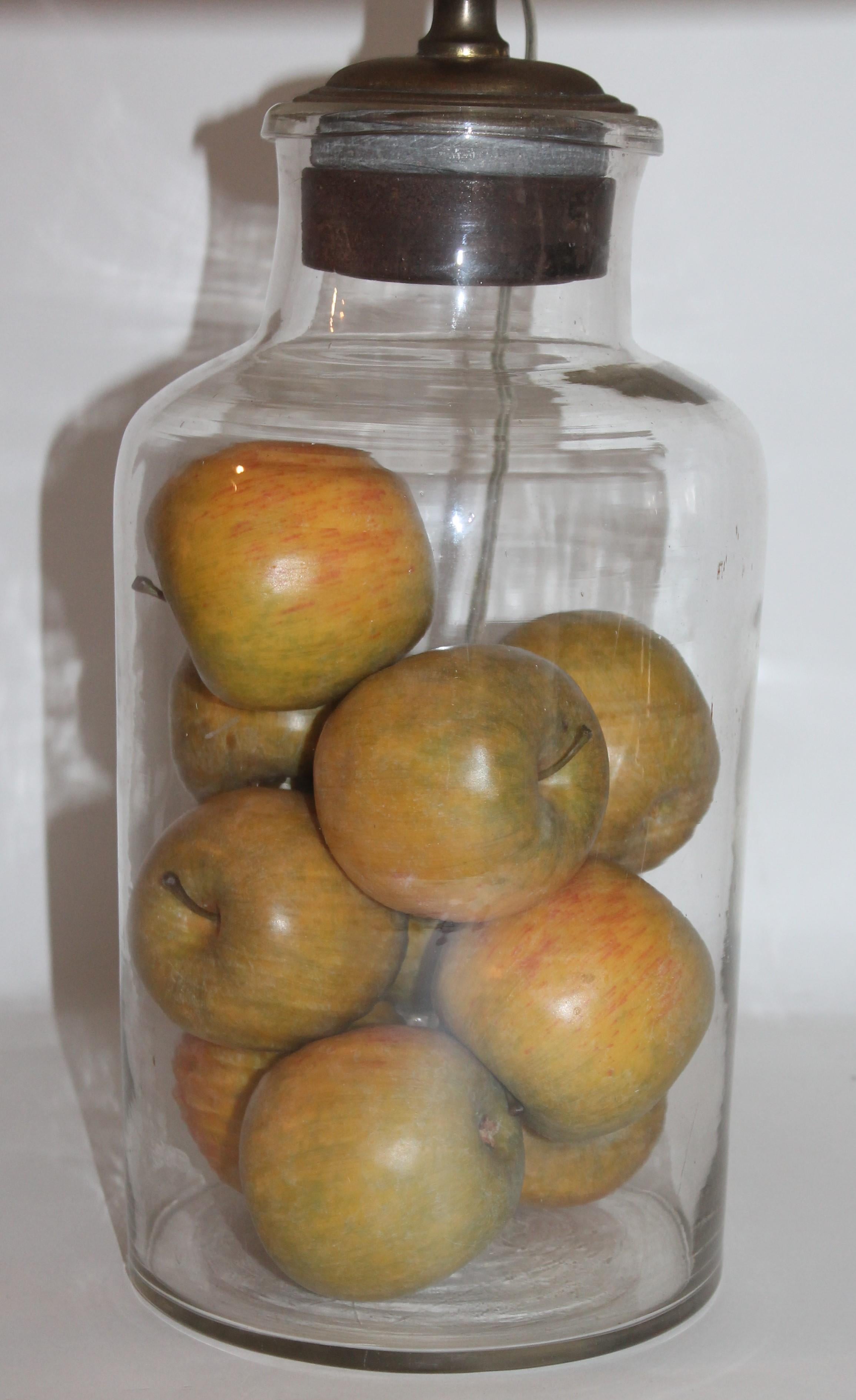 19th Century Glass Jar Lamp Hand Blown W/ Linen Shade In Excellent Condition For Sale In Los Angeles, CA