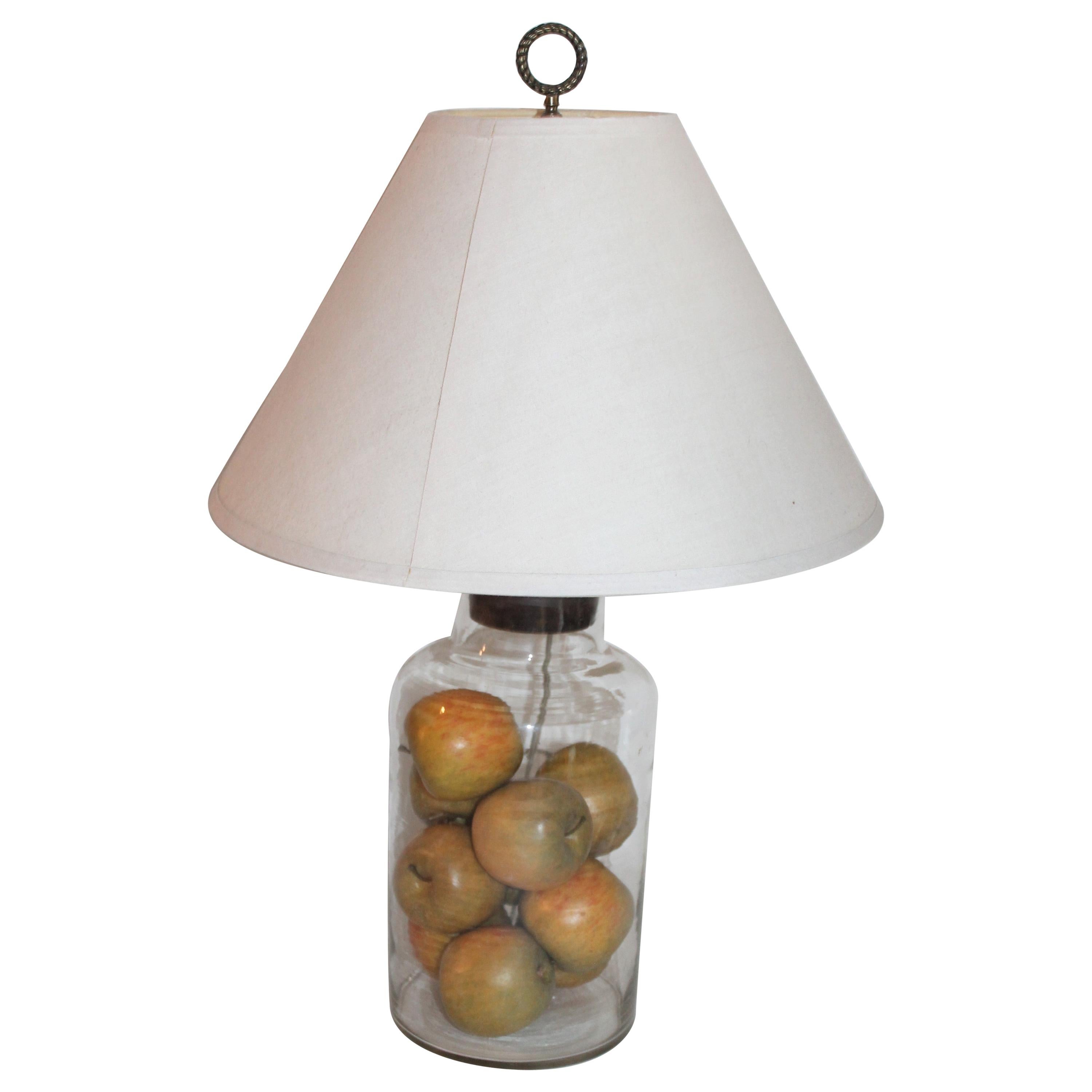 19th Century Glass Jar Lamp Hand Blown with Linen Shade For Sale