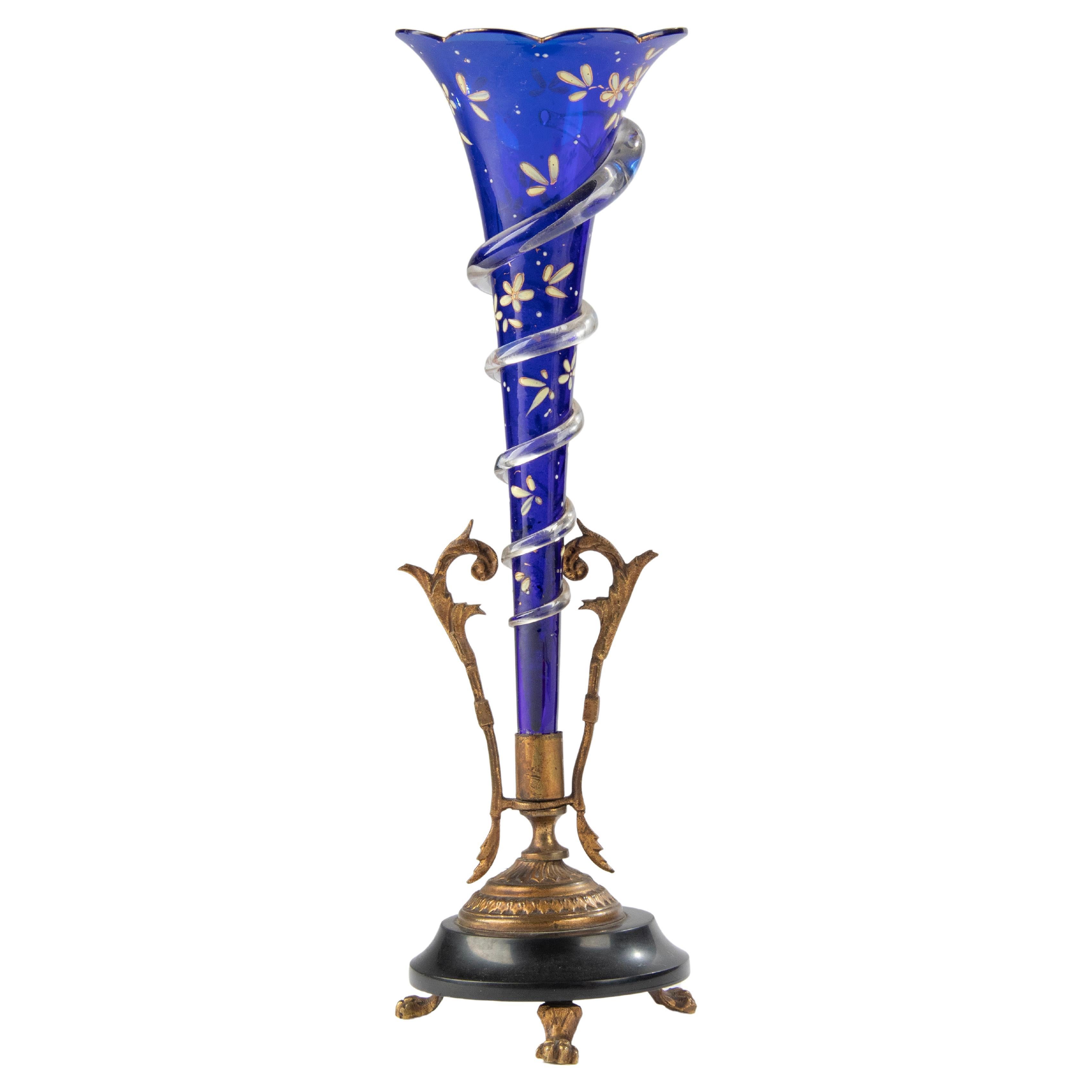 19th Century Glass Painted Vase on Marble Foot For Sale
