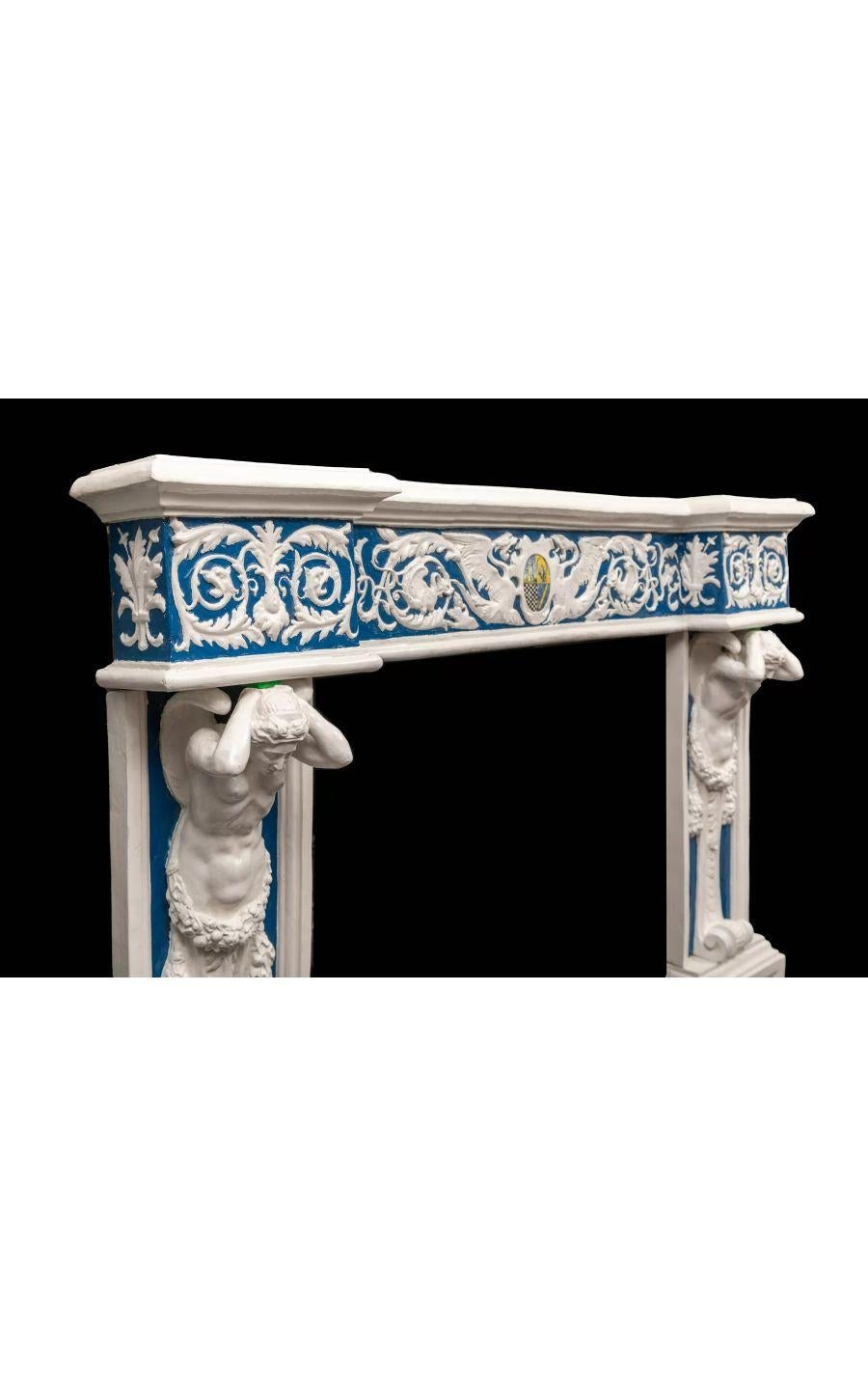 19th Century Glazed Blue & White Pottery by Ulisse Cantagalli, circa 1885

An exceptional antique glazed blue and white pottery fireplace by Ulisse Cantagalli, Italian designer of lustre ware and pottery.

The jambs with female caryatids supporting