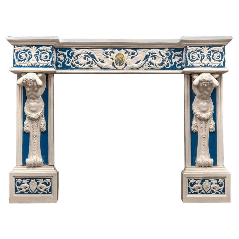 19th Century Glazed Blue & White Pottery Fireplace, circa 1885