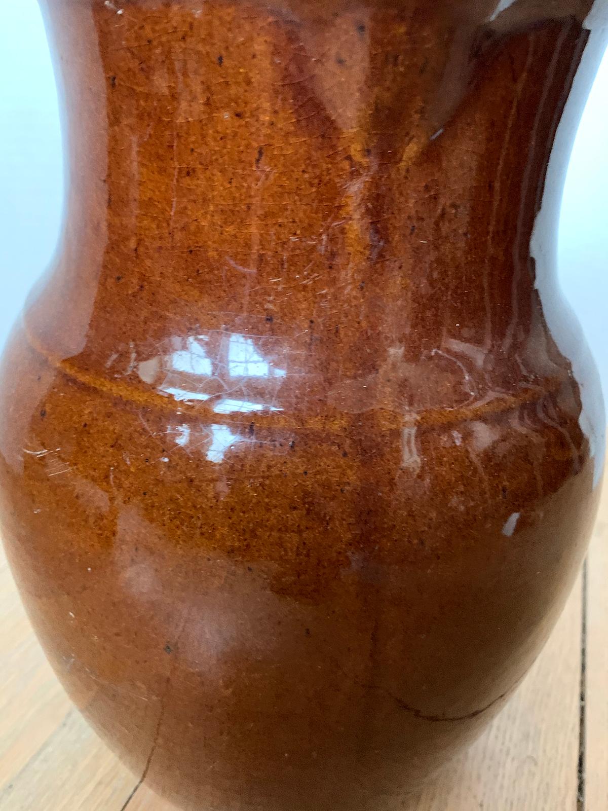 19th Century Glazed Brown Pottery Jug / Pitcher with Handle, Unmarked For Sale 6