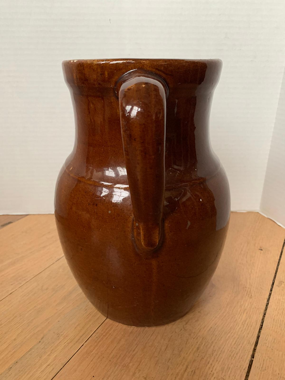19th Century Glazed Brown Pottery Jug / Pitcher with Handle, Unmarked For Sale 1