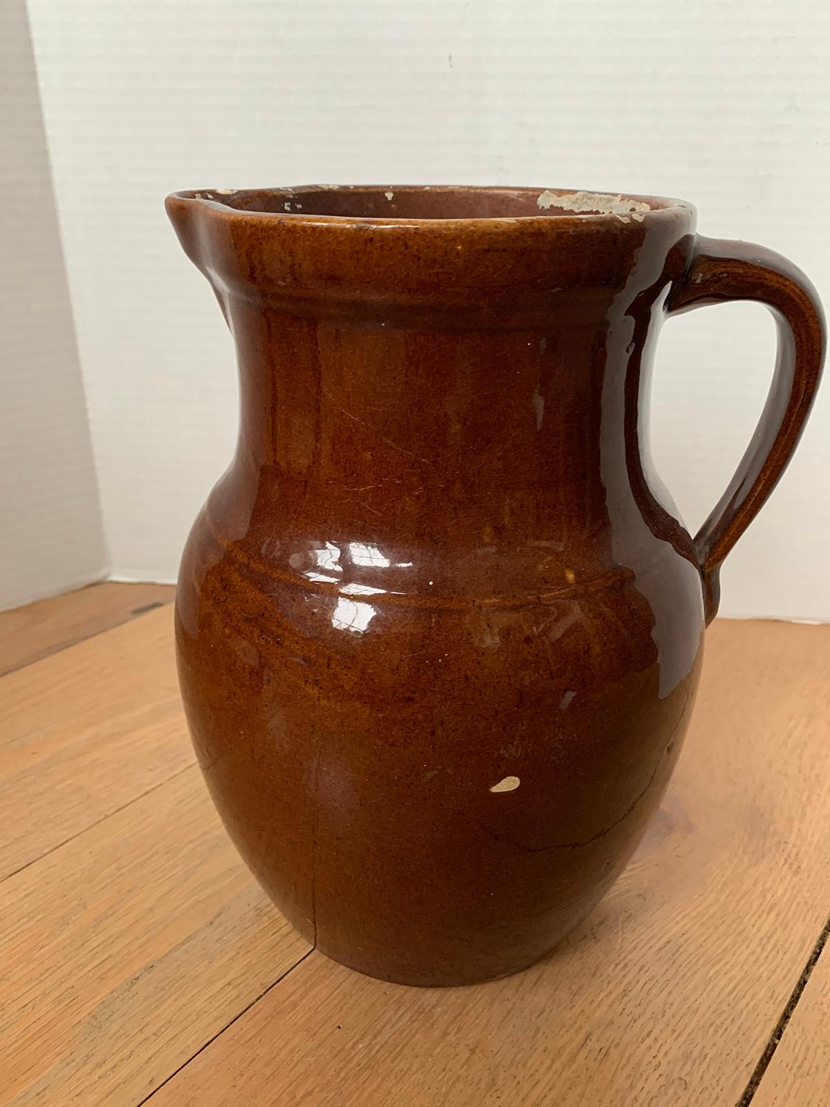 19th Century Glazed Brown Pottery Jug / Pitcher with Handle, Unmarked For Sale 2