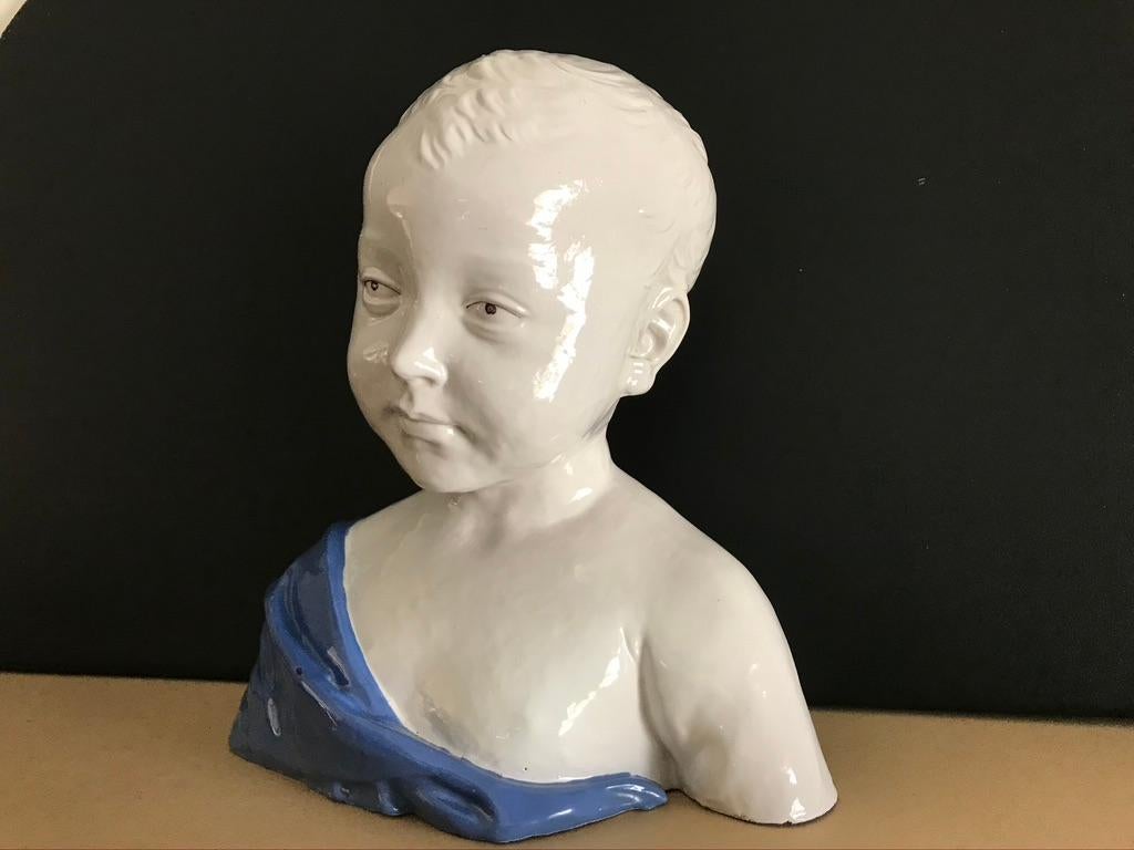 Renaissance Revival 19th Century Glazed Ceramic Bust of a Boy by Cantagalli, Florence, Italy For Sale