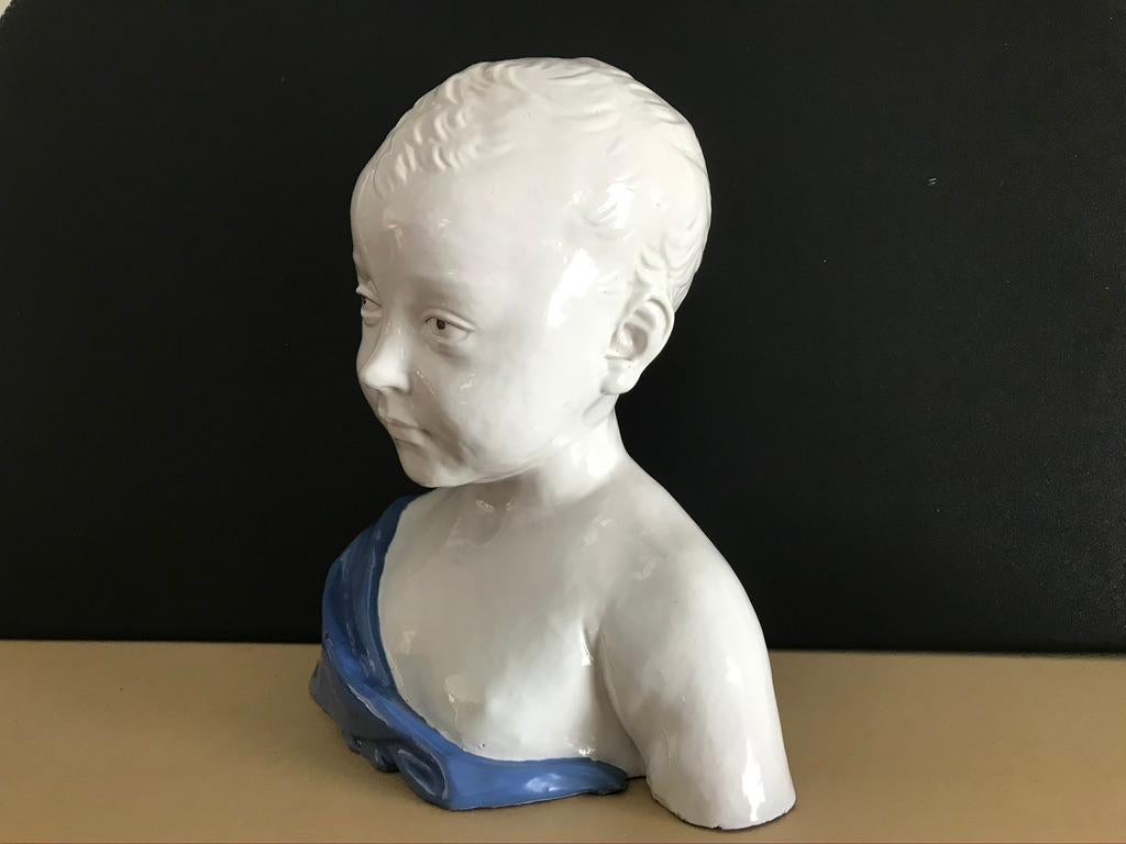 Italian 19th Century Glazed Ceramic Bust of a Boy by Cantagalli, Florence, Italy For Sale