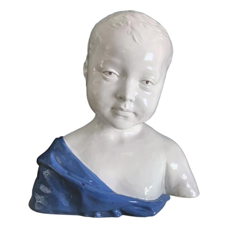 19th Century Glazed Ceramic Bust of a Boy by Cantagalli, Florence, Italy For Sale