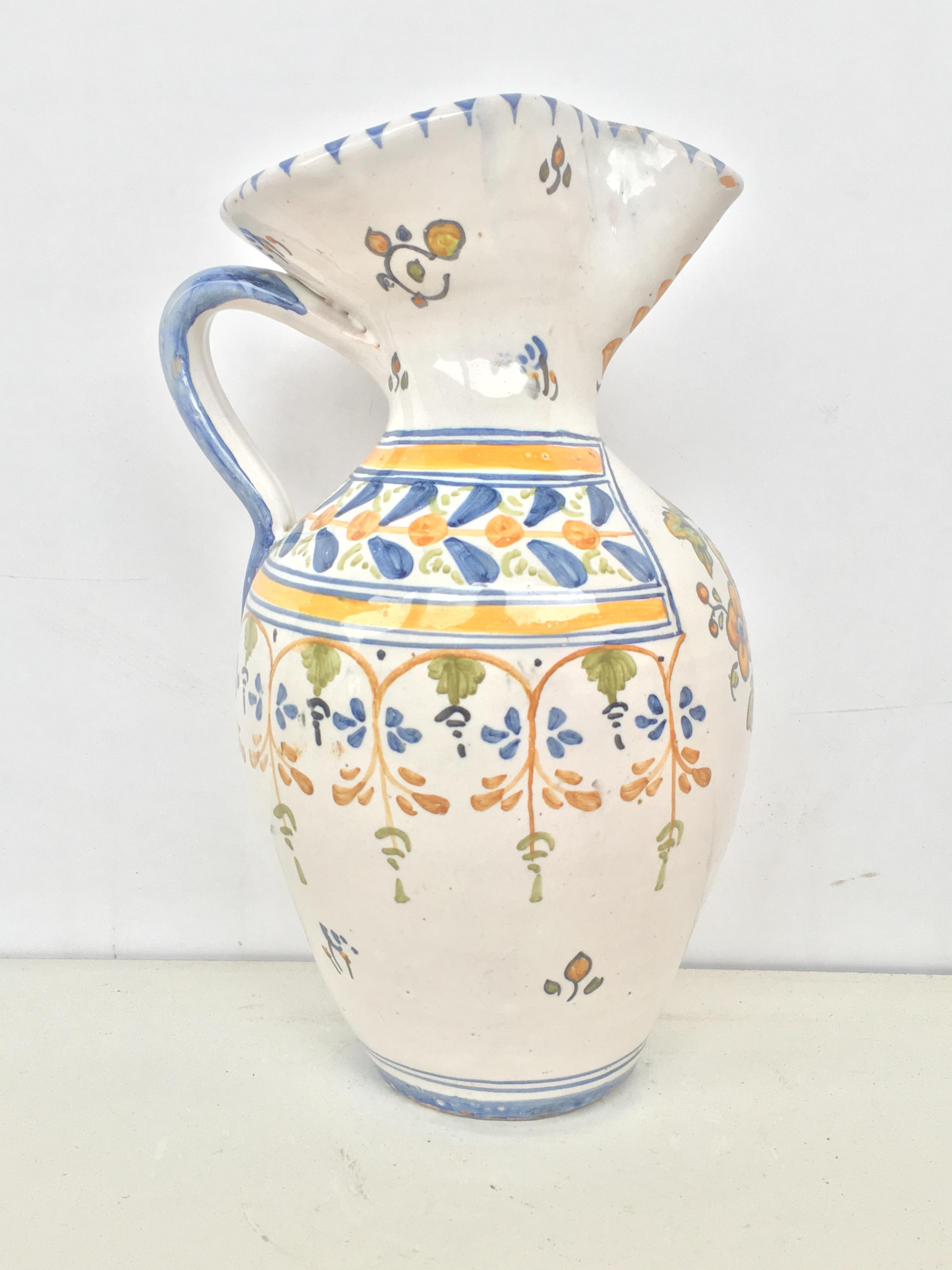Spanish Colonial 19th Century Glazed Earthenware Talavera Floral Painted Pitcher For Sale