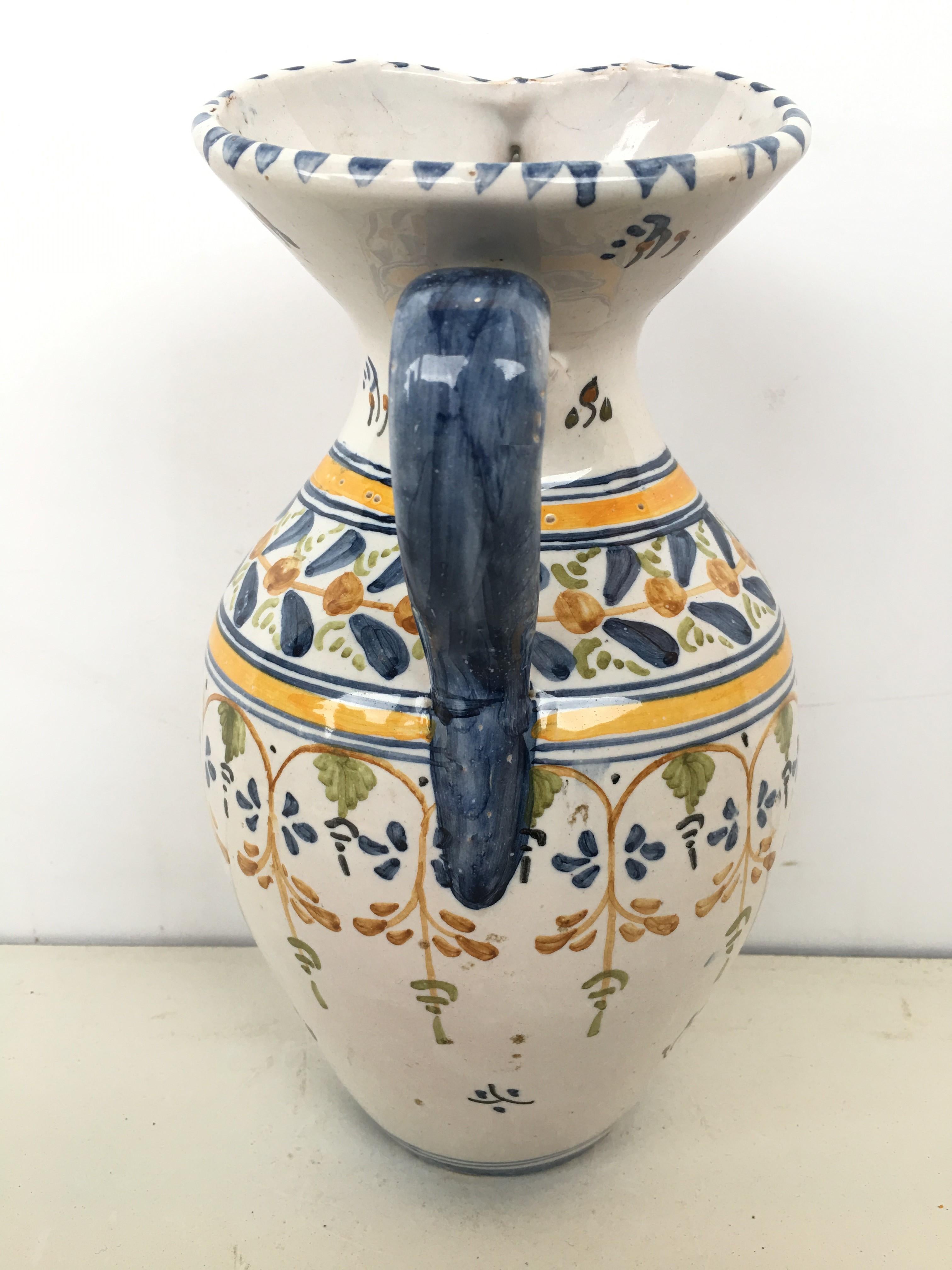 19th Century Glazed Earthenware Talavera Floral Painted Pitcher In Good Condition For Sale In Miami, FL