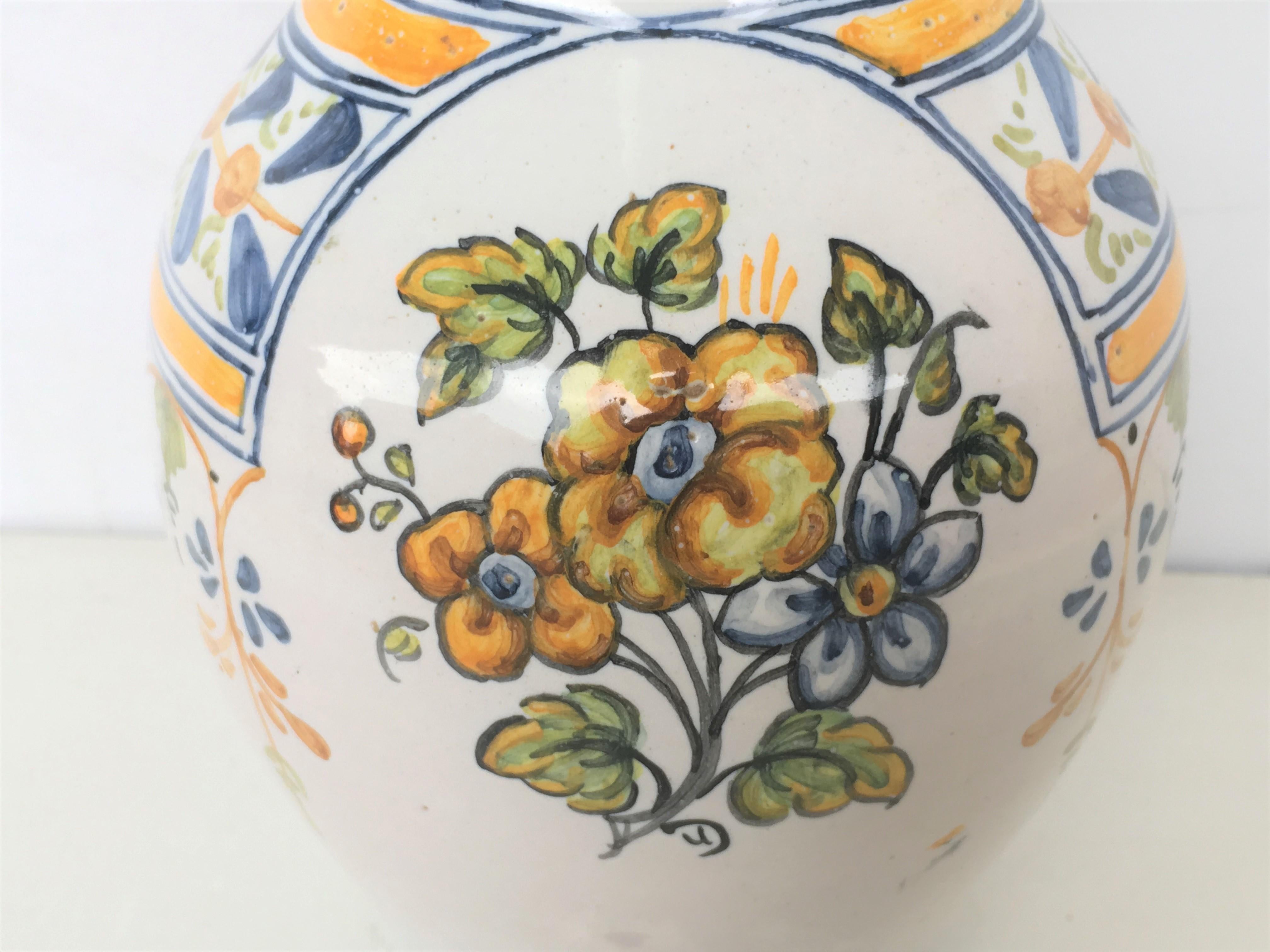 20th Century 19th Century Glazed Earthenware Talavera Floral Painted Pitcher For Sale