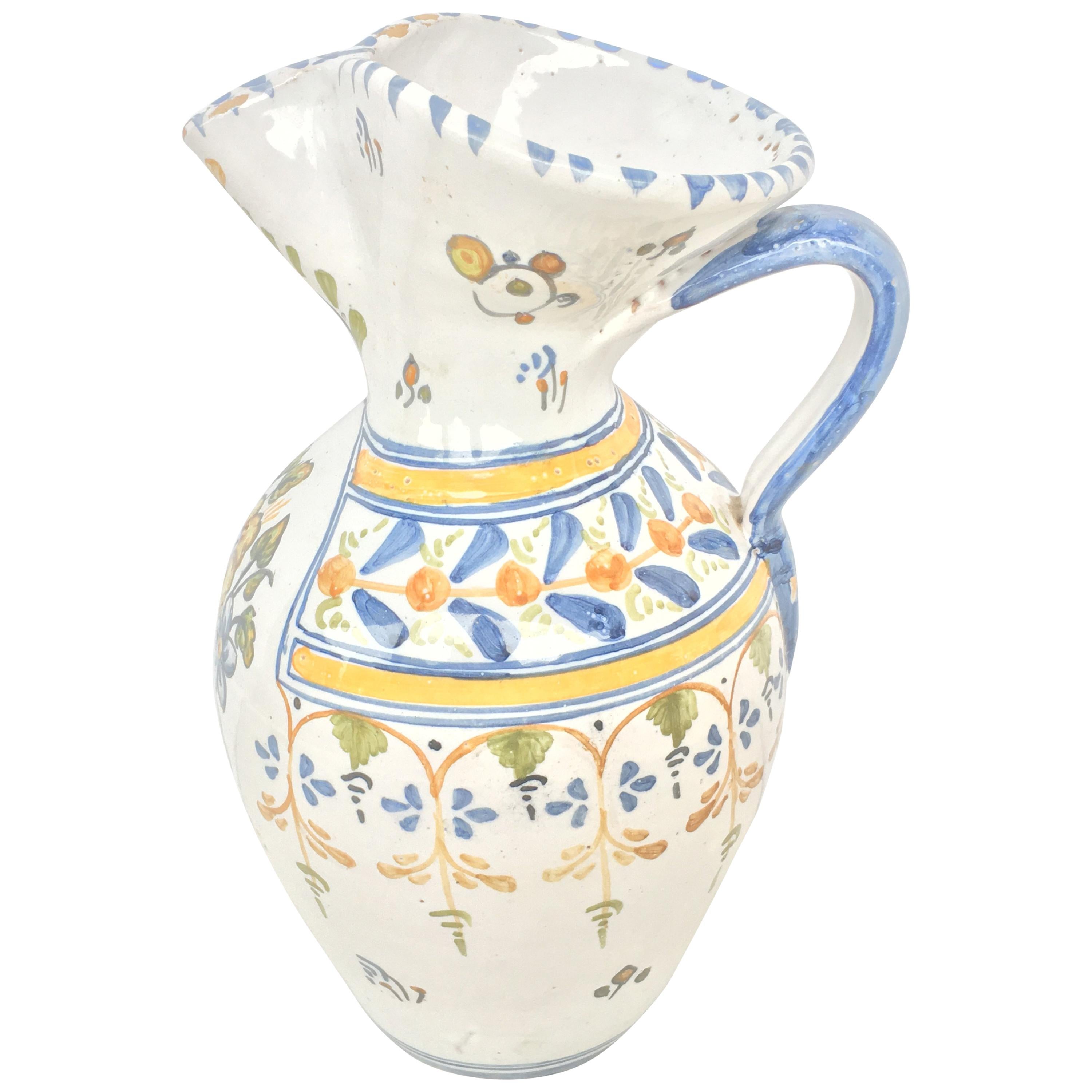 19th Century Glazed Earthenware Talavera Floral Painted Pitcher For Sale