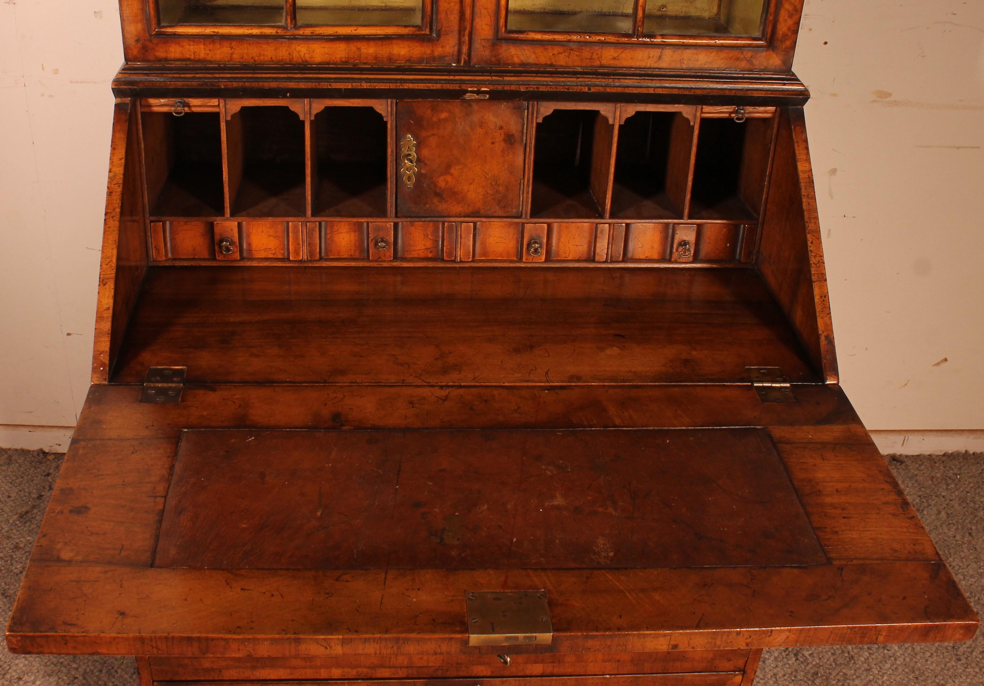 Late Victorian 19th Century Glazed Secretaire Bookcase in Walnut, England For Sale