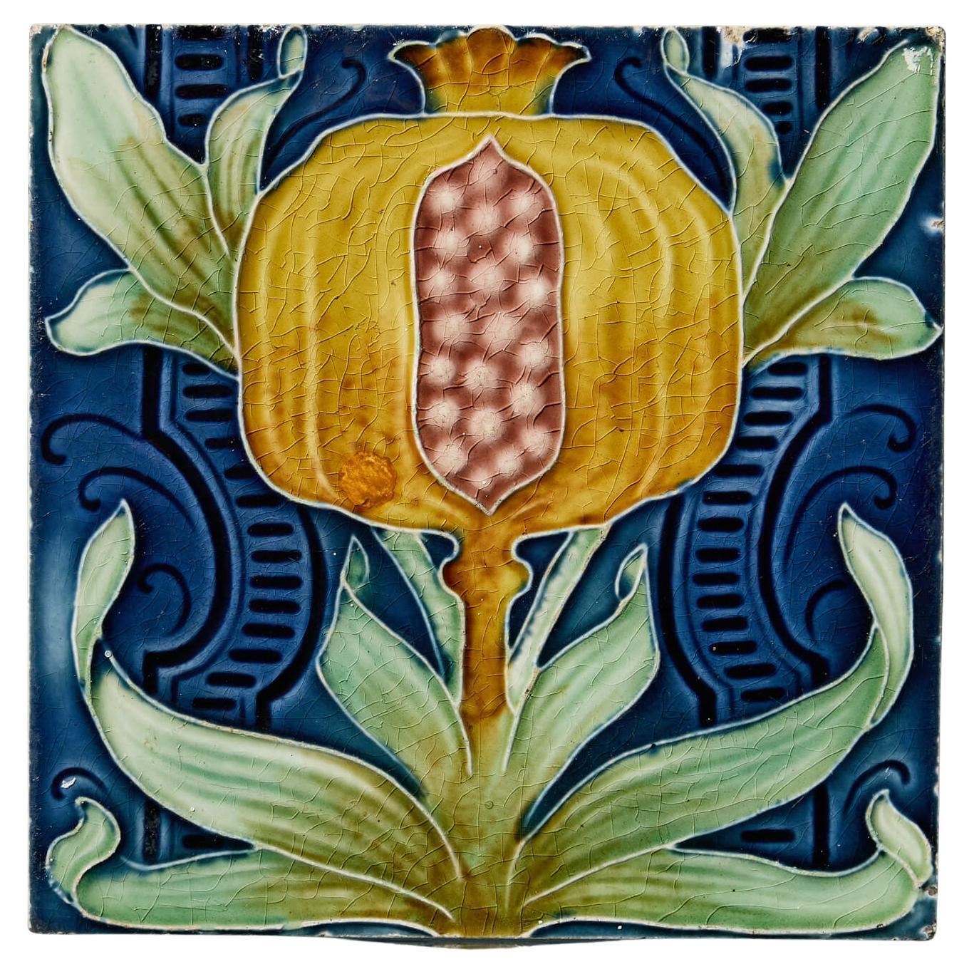 19th Century Glazed Stoneware 6-Inch Art Nouveau Tile