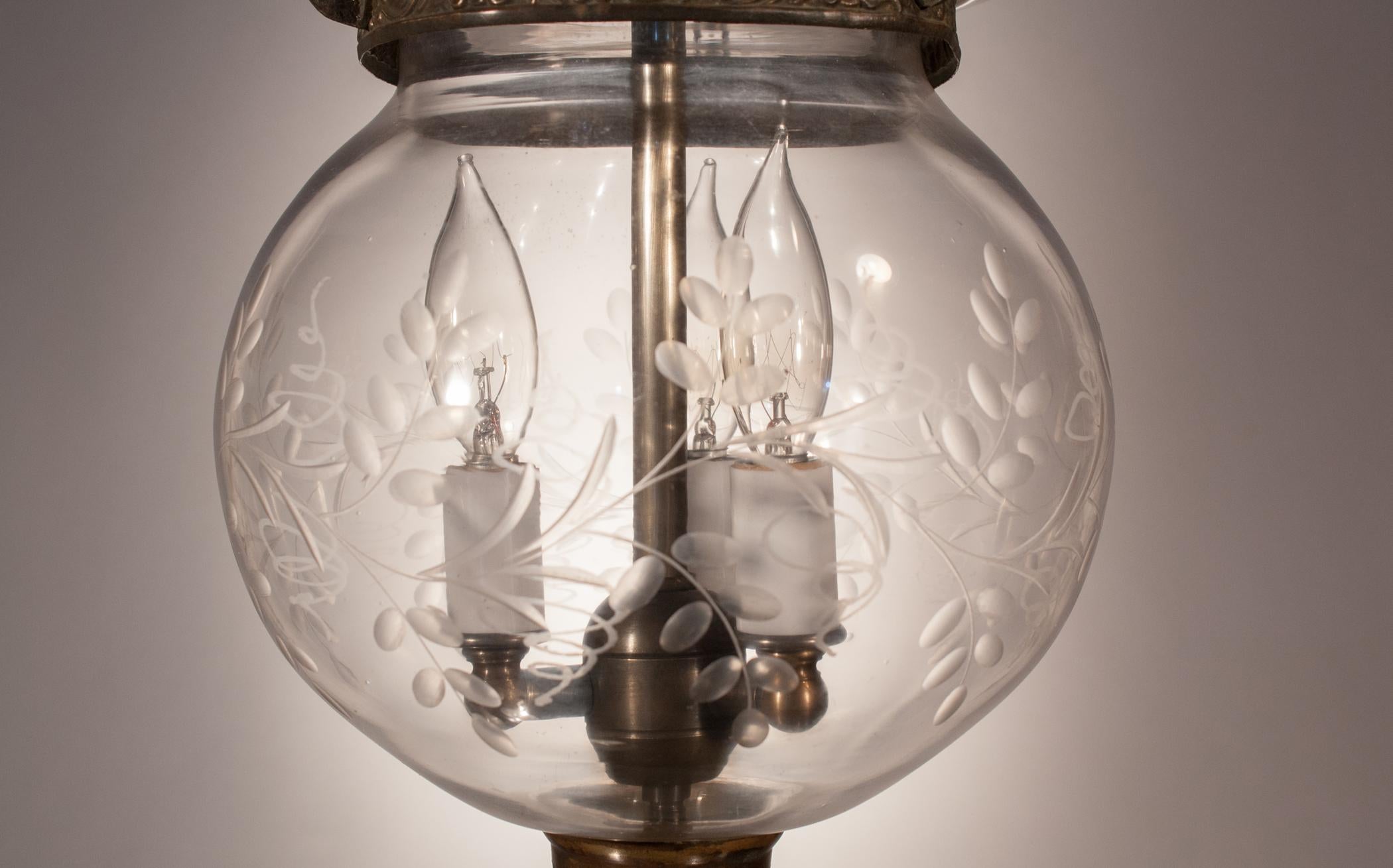19th Century  Globe Bell Jar Lantern with Vine Etching