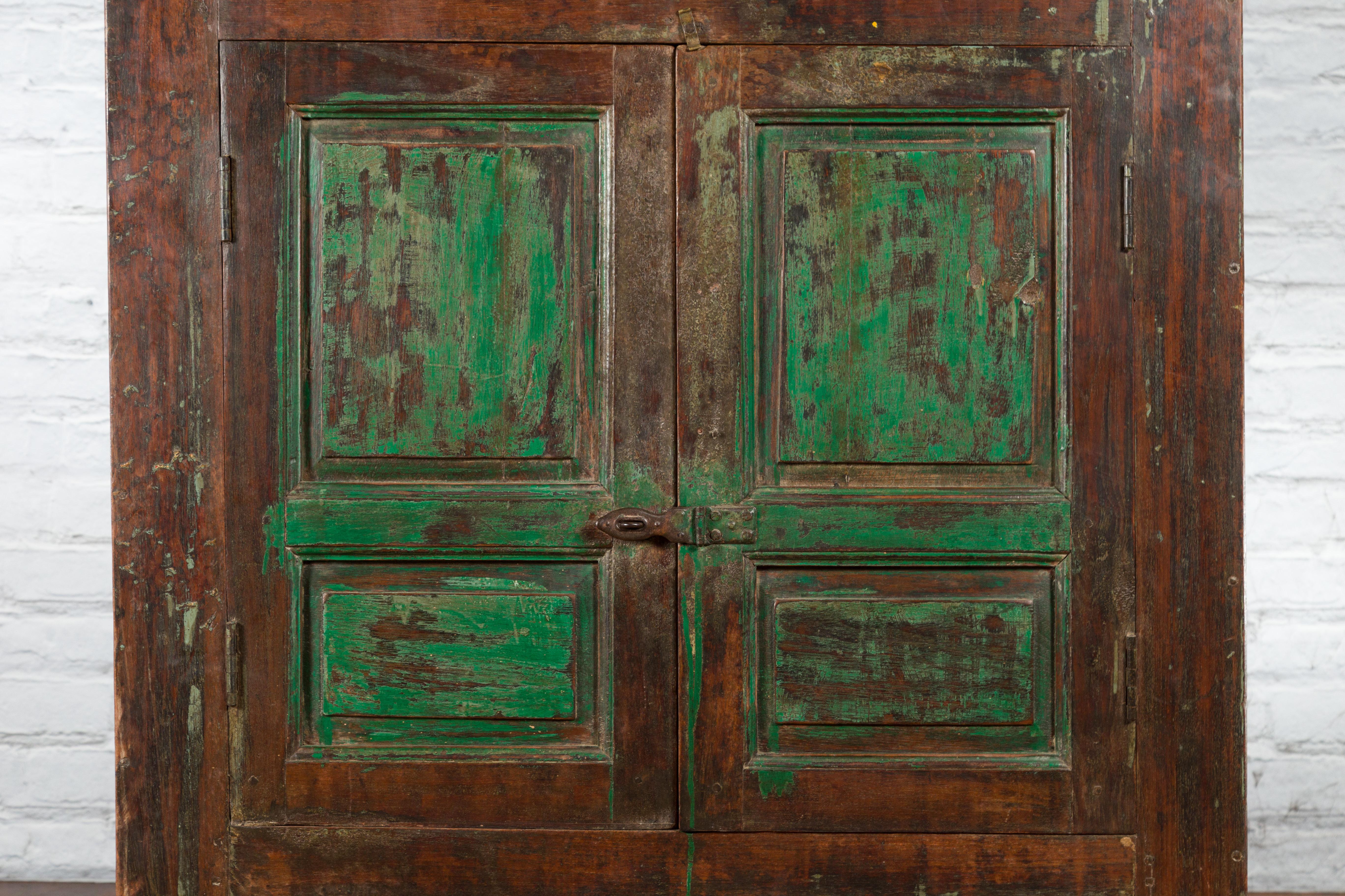 19th Century Goan Cabinet with Pairs of Double Doors and Green Painted Panels For Sale 4