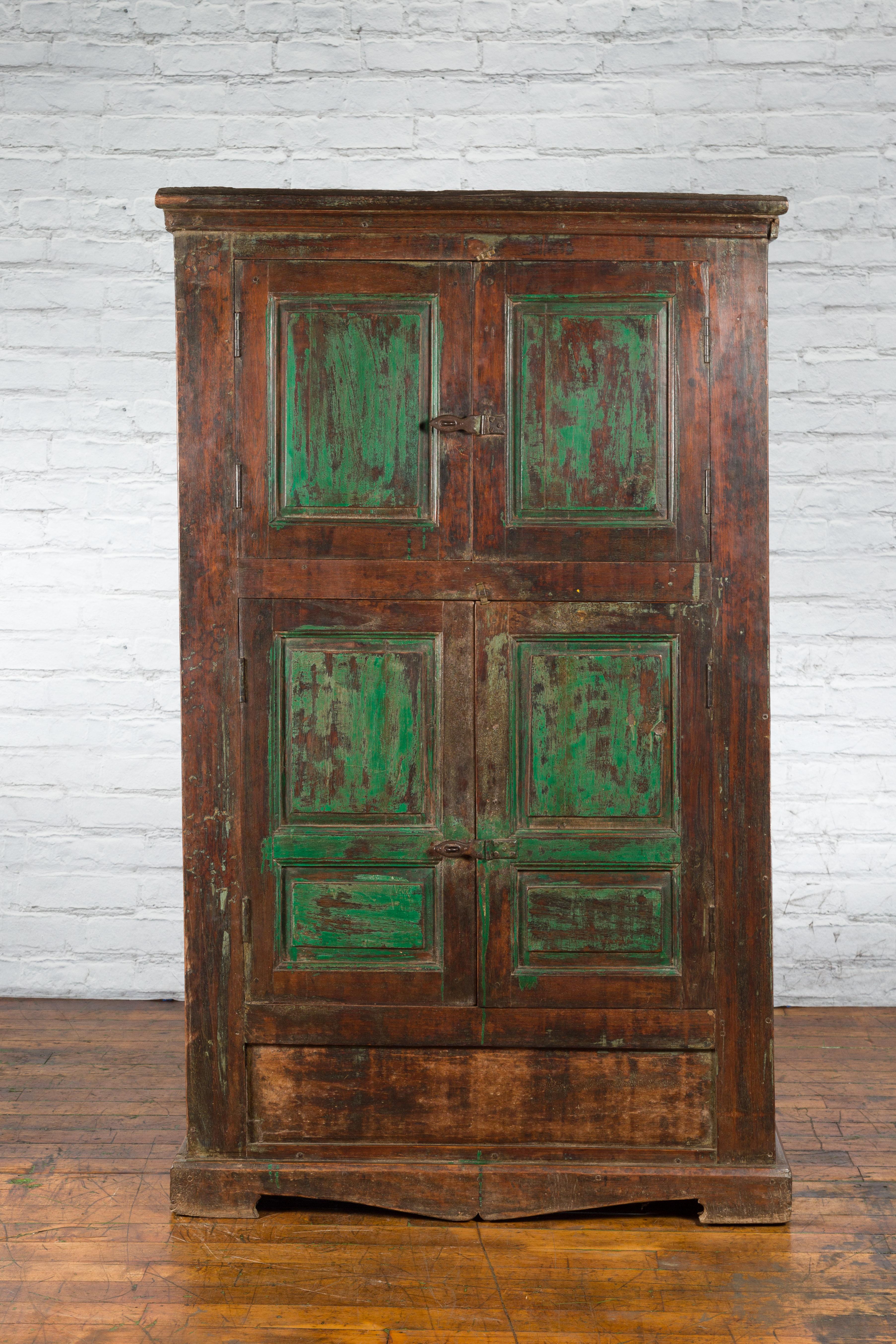 19th Century Goan Cabinet with Pairs of Double Doors and Green Painted Panels For Sale 5