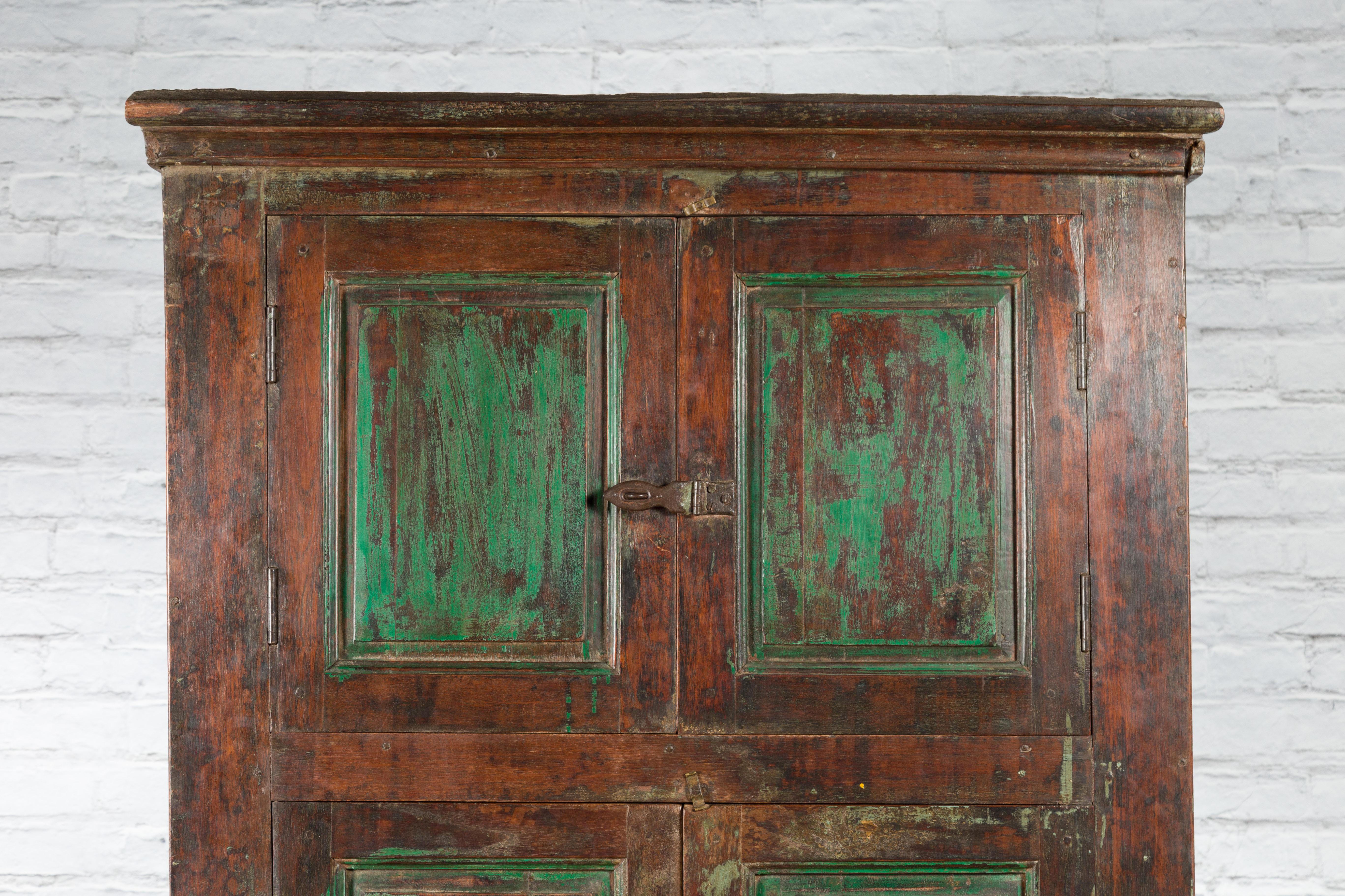 19th Century Goan Cabinet with Pairs of Double Doors and Green Painted Panels For Sale 6
