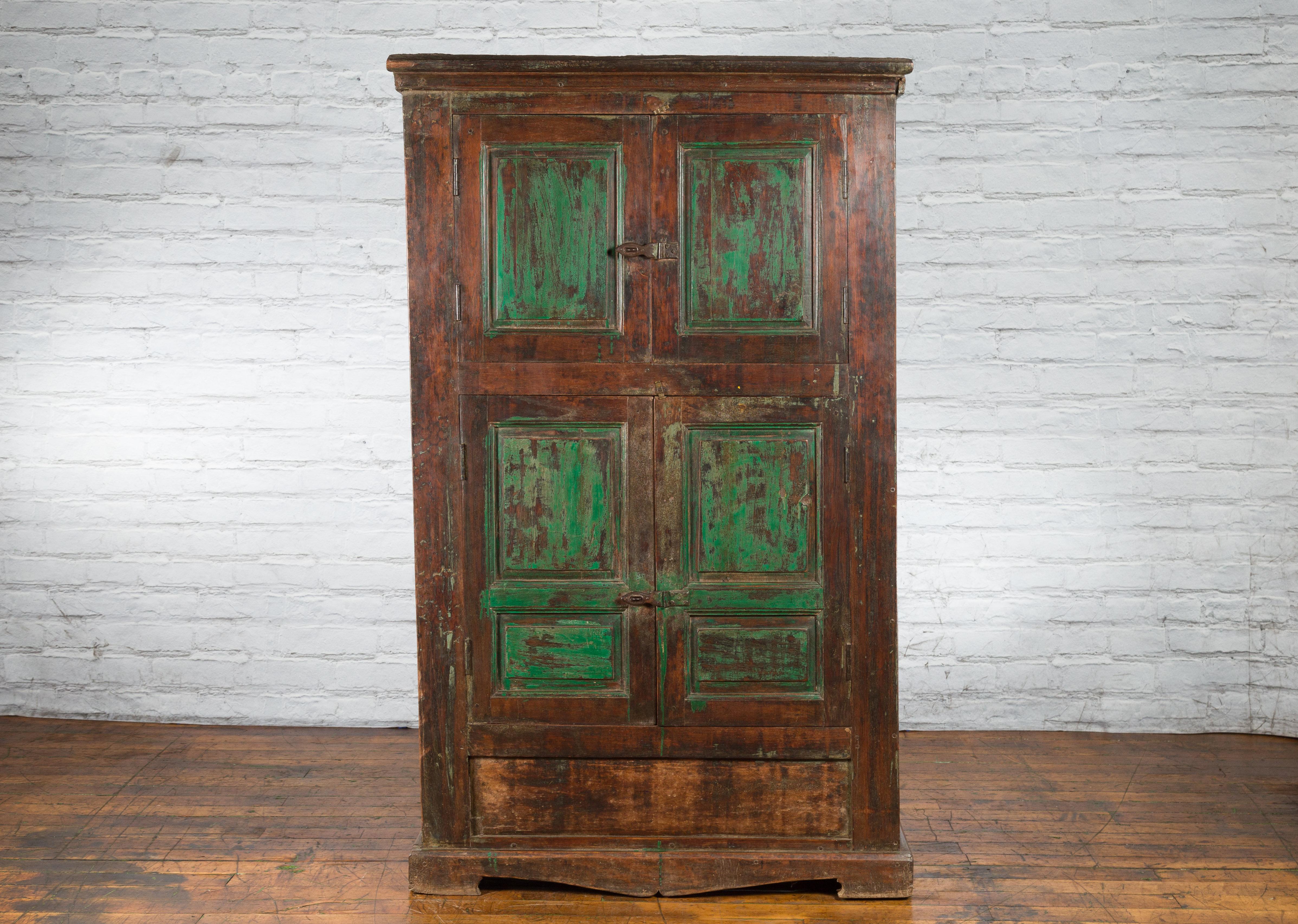 Rustic 19th Century Goan Cabinet with Pairs of Double Doors and Green Painted Panels For Sale