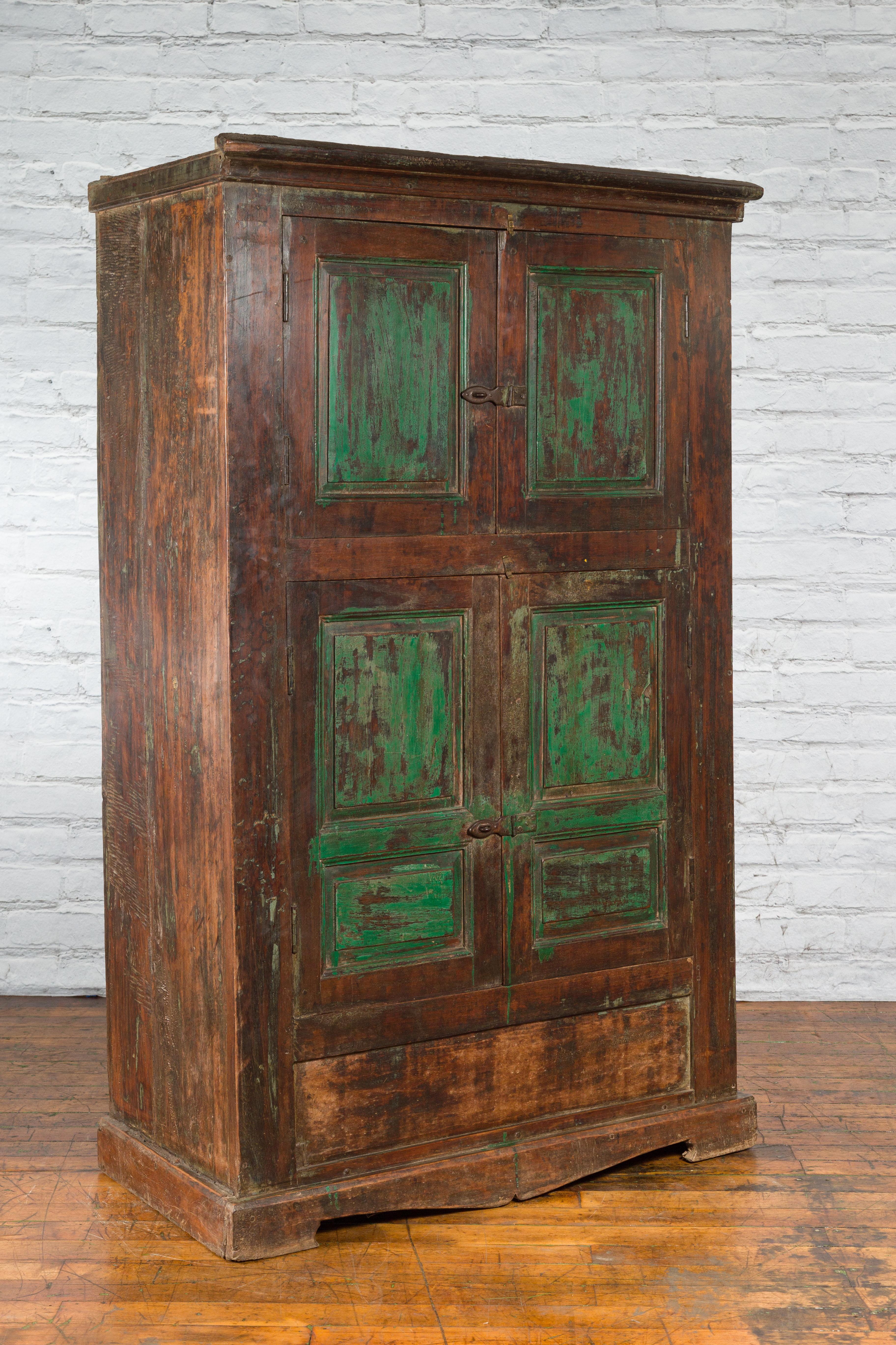 Hand-Carved 19th Century Goan Cabinet with Pairs of Double Doors and Green Painted Panels For Sale