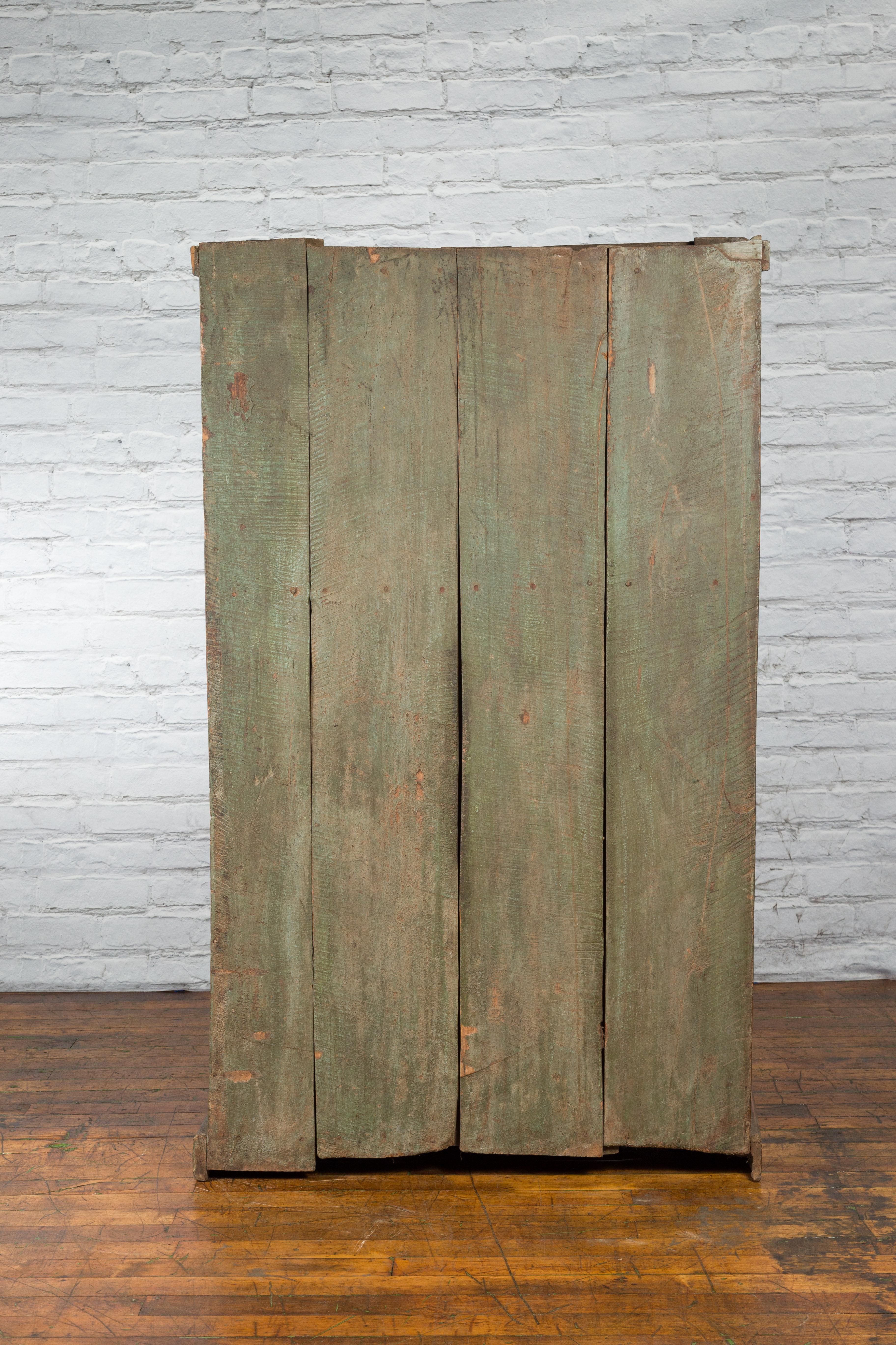 Wood 19th Century Goan Cabinet with Pairs of Double Doors and Green Painted Panels For Sale