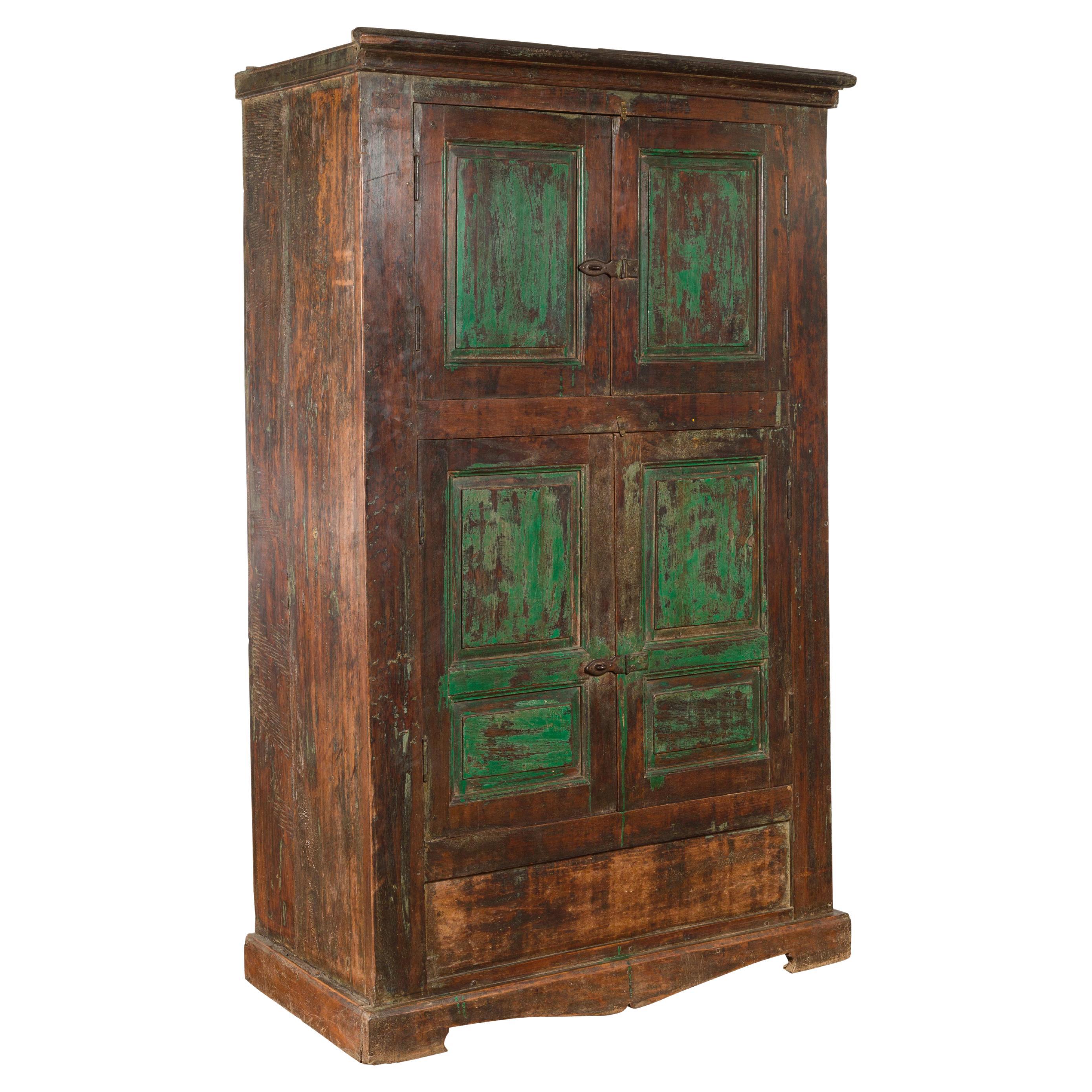 19th Century Goan Cabinet with Pairs of Double Doors and Green Painted Panels For Sale