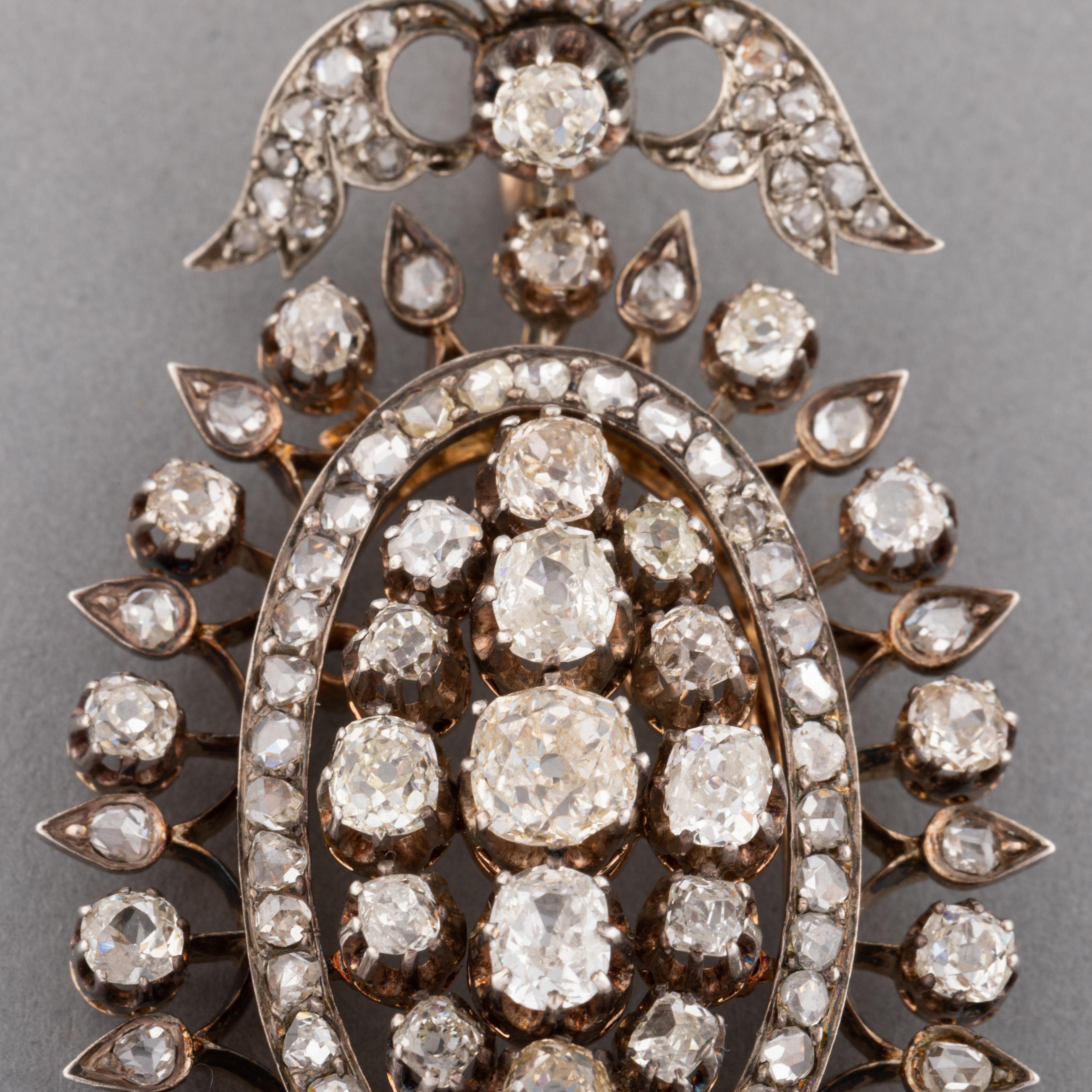 Old European Cut 19th Century Gold and 5 Carats Diamonds Pendant For Sale