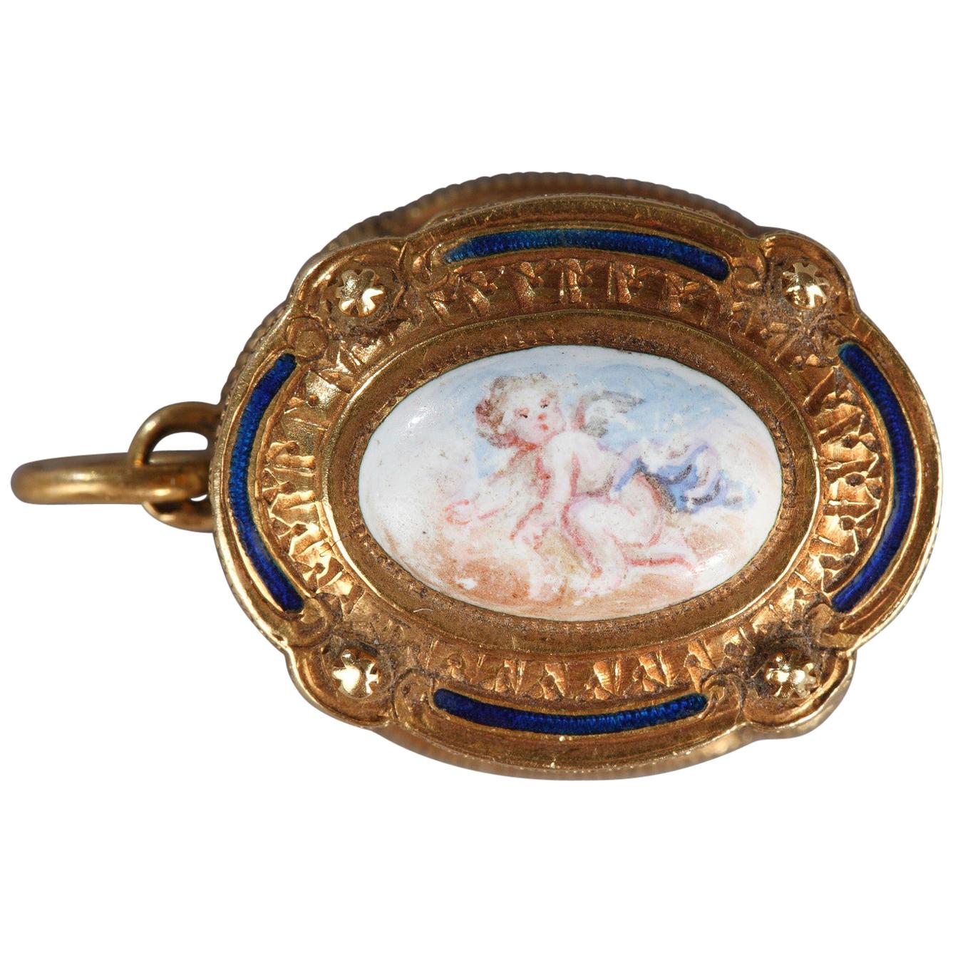 19th Century Gold and Enamel Box Pendant For Sale