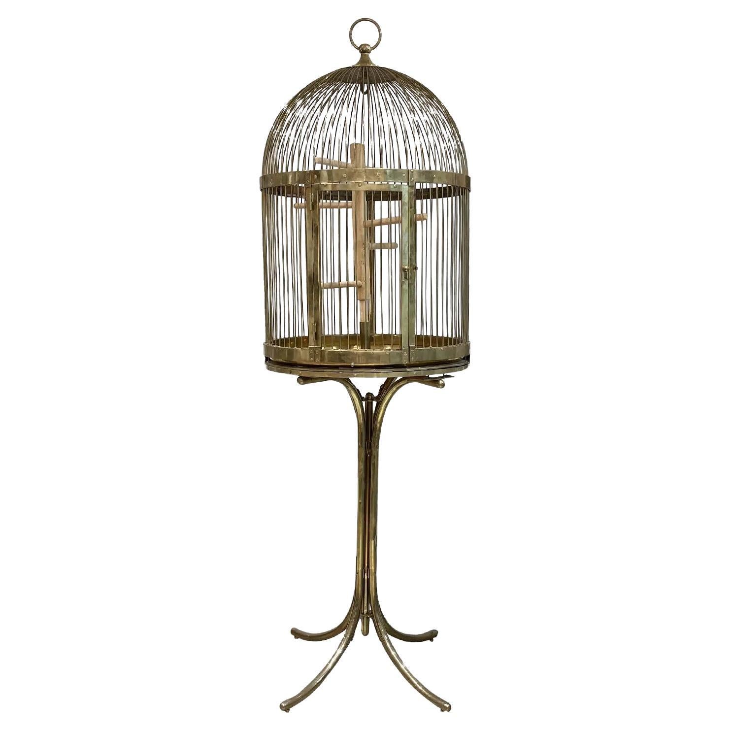 Antique Hendryx Brass Bird Cage With Original Stand & Original Swing 61”