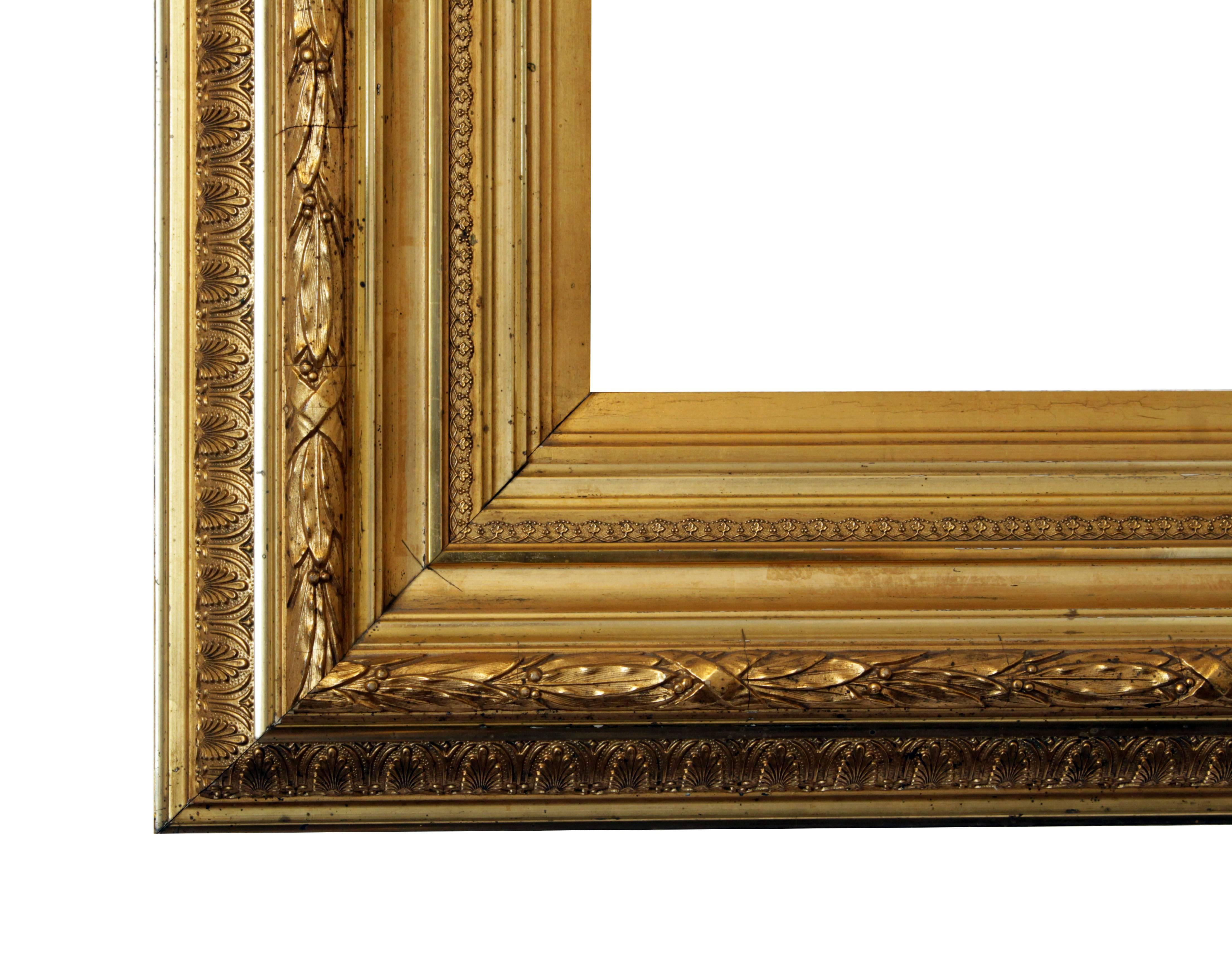 Beautiful frame from the time of the late Biedermeier, circa 1850. The frame is wood with stucco and golden finished. The frame comes from a manufactory from Frankfurt am Main, Germany: 