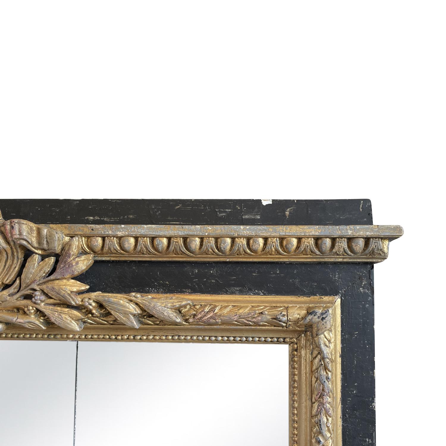 Hand-Carved 19th Century Gold-Black Italian Neoclassic Pair of Antique Trumeau Glass Mirrors For Sale