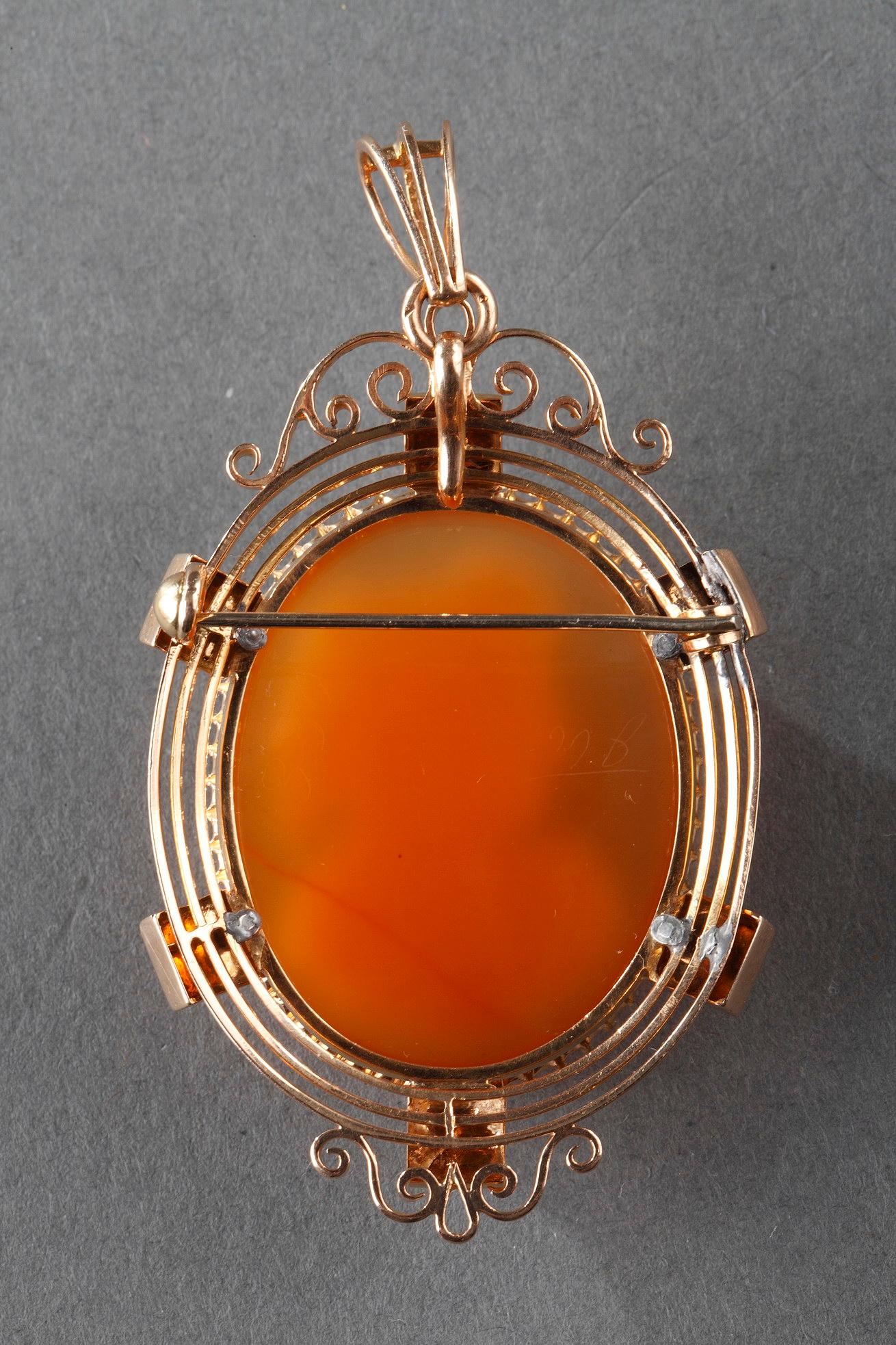 19th Century Gold Brooch, Pendant with Pink Agate Cameo For Sale 3