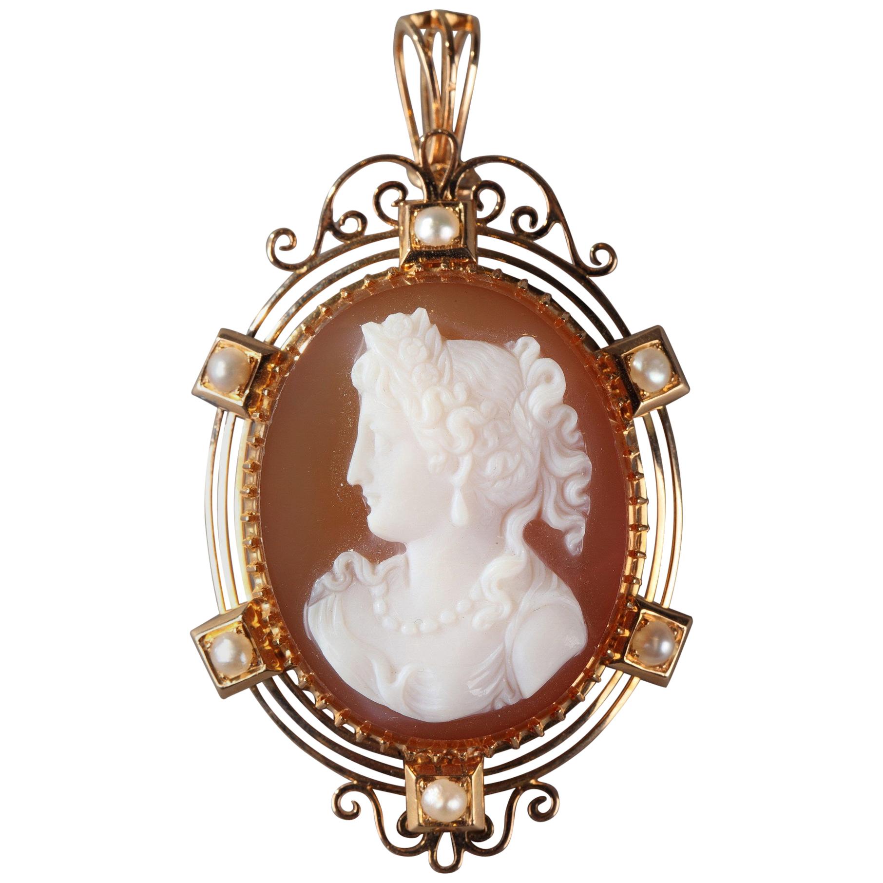 19th Century Gold Brooch, Pendant with Pink Agate Cameo For Sale