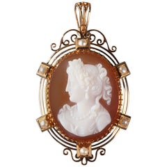 19th Century Gold Brooch, Pendant with Pink Agate Cameo