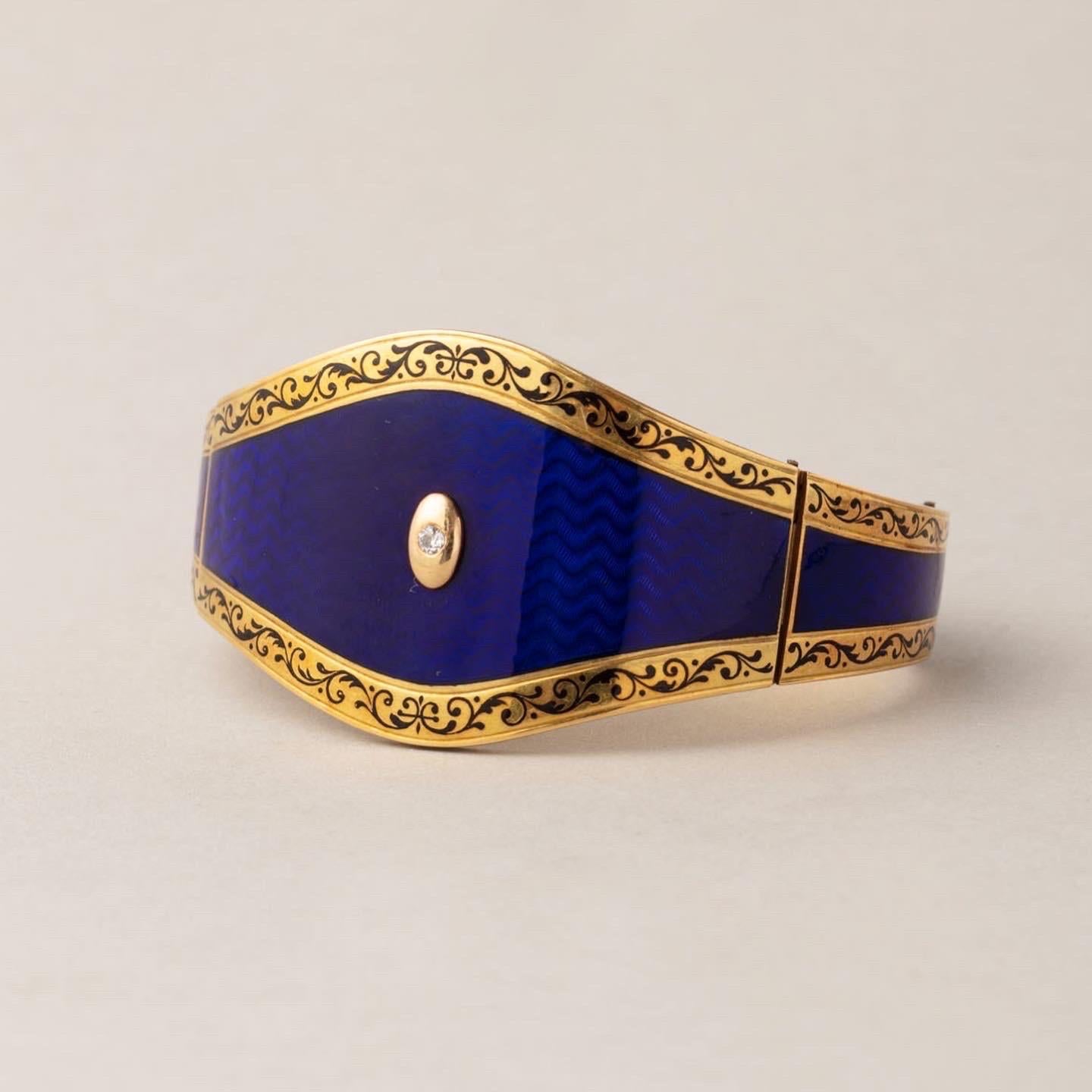 Old Mine Cut 19th Century Gold Enamel and Diamond Bangle For Sale