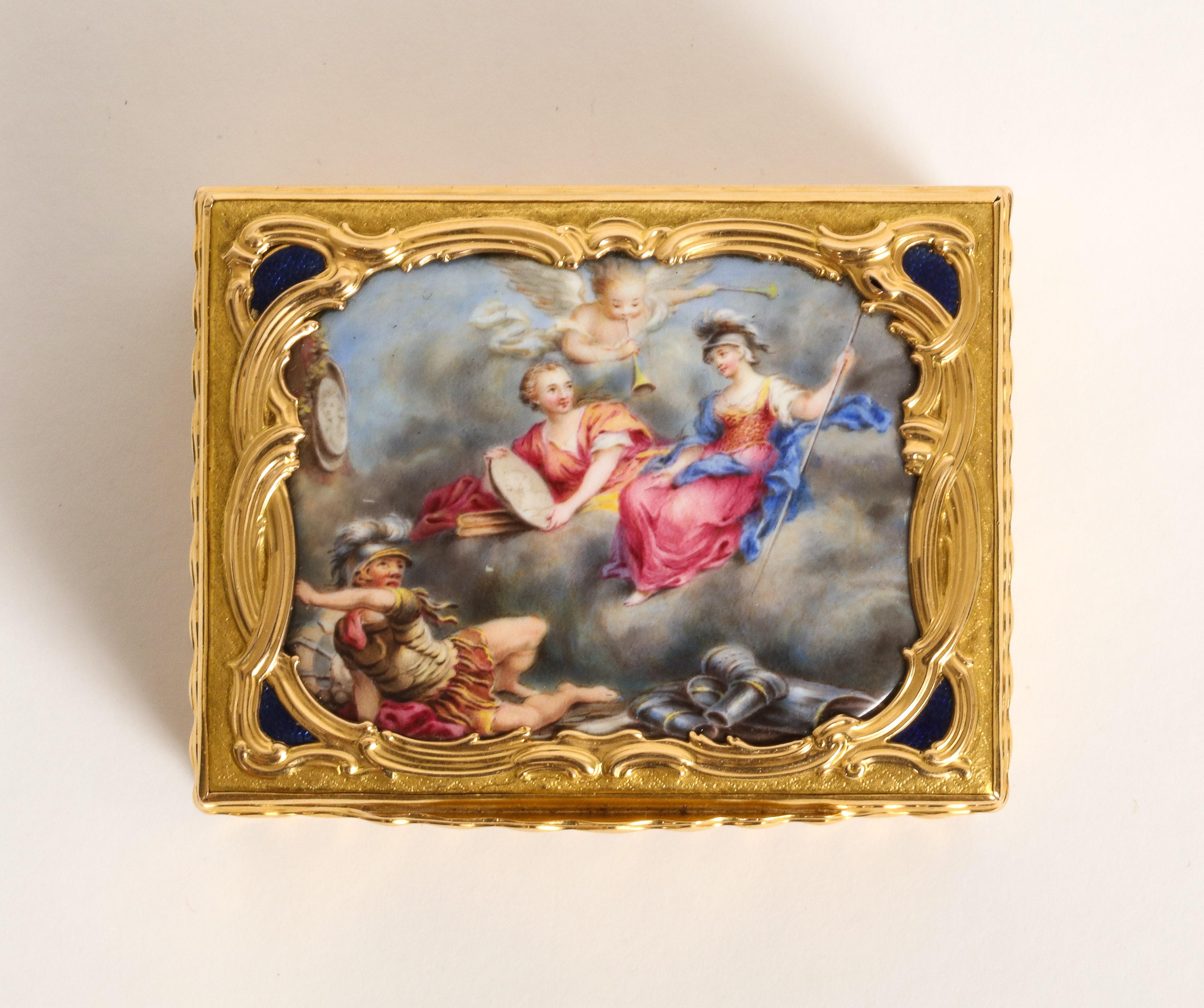 Gold & enamel snuff box

Circa 19th century, European

Dimensions: 2.50 x 1.94 inches

Weight: 119.8 grams.

